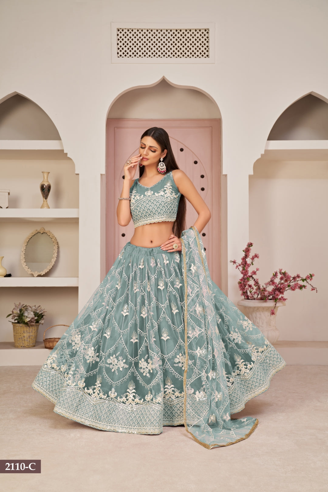 Ocean Blue Butterfly Net Lehenga with Elegant White Thread & Zari Embroidery