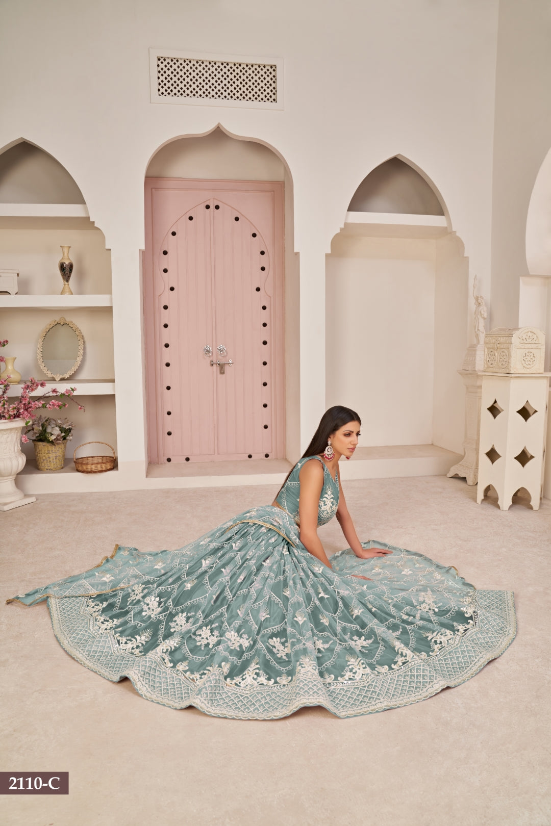Ocean Blue Butterfly Net Lehenga with Elegant White Thread & Zari Embroidery