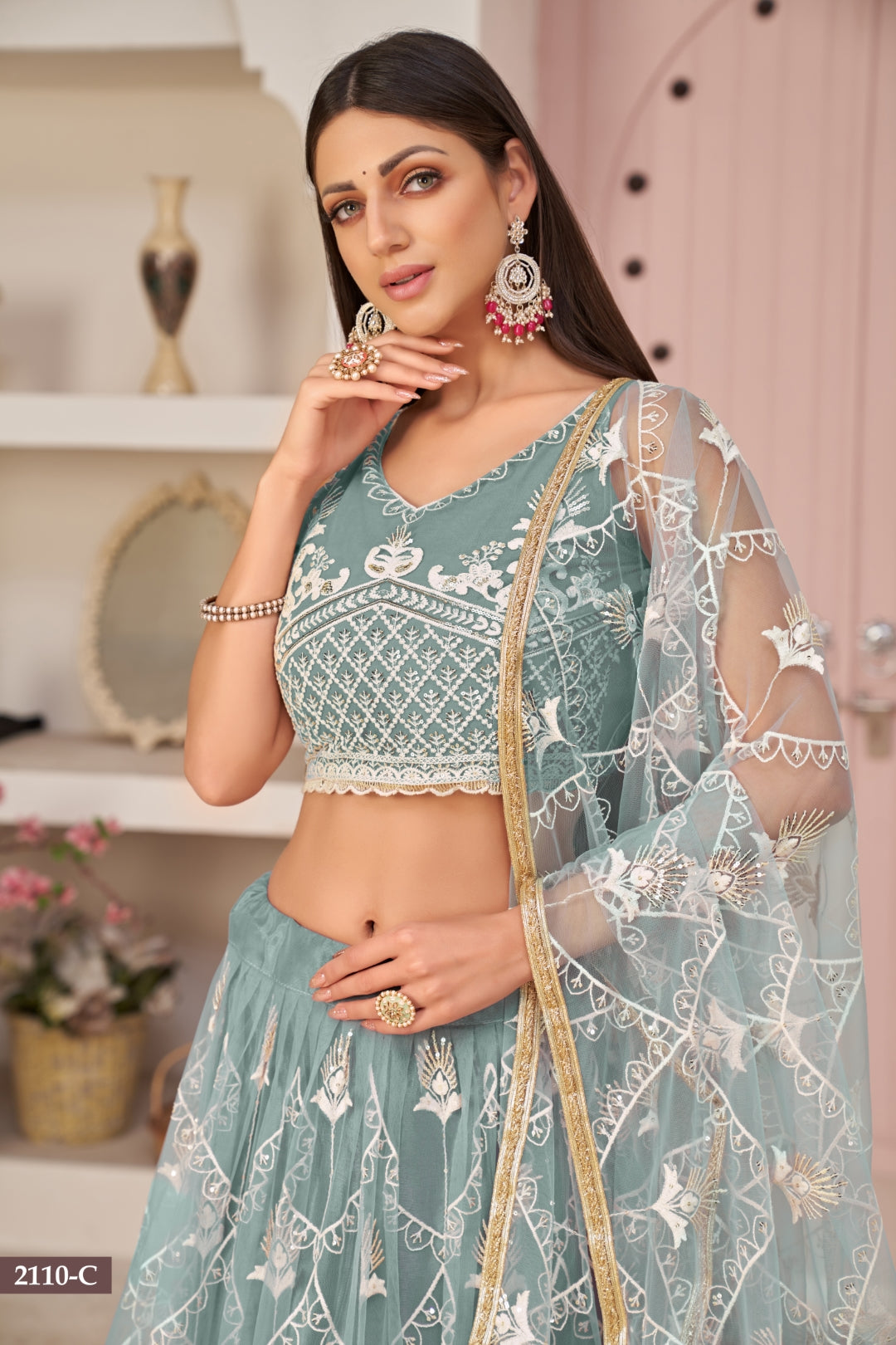 Ocean Blue Butterfly Net Lehenga with Elegant White Thread & Zari Embroidery