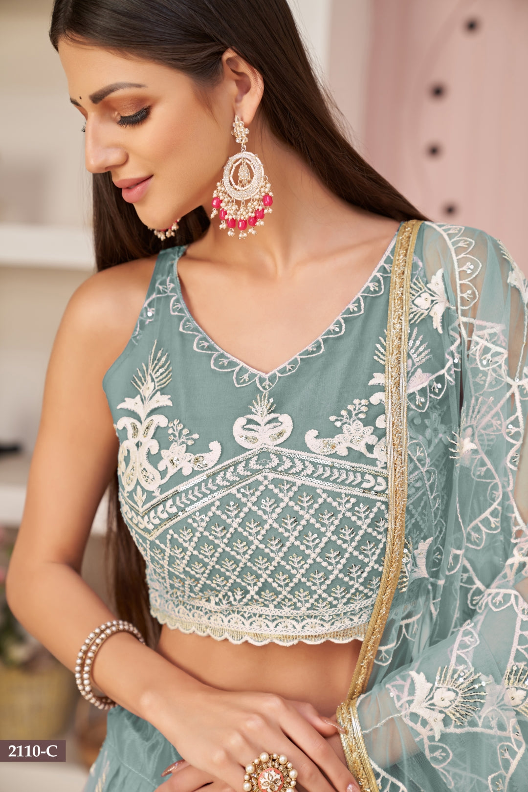 Ocean Blue Butterfly Net Lehenga with Elegant White Thread & Zari Embroidery