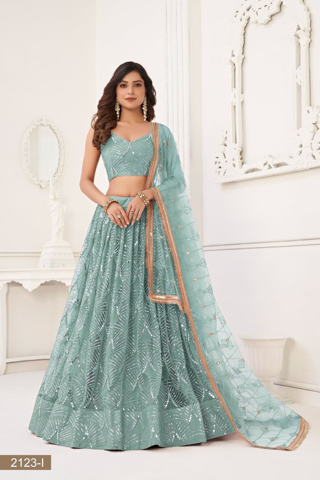 Ocean Blue Butterfly Net Lehenga with Tone-to-Tone Thread Work and Mirror Embroidery