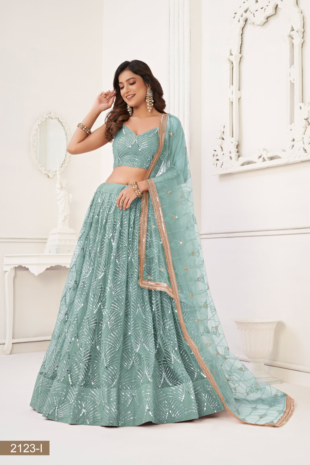 Ocean Blue Butterfly Net Lehenga with Tone-to-Tone Thread Work and Mirror Embroidery