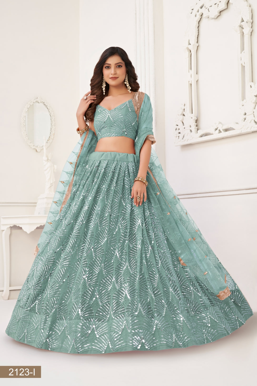 Ocean Blue Butterfly Net Lehenga with Tone-to-Tone Thread Work and Mirror Embroidery