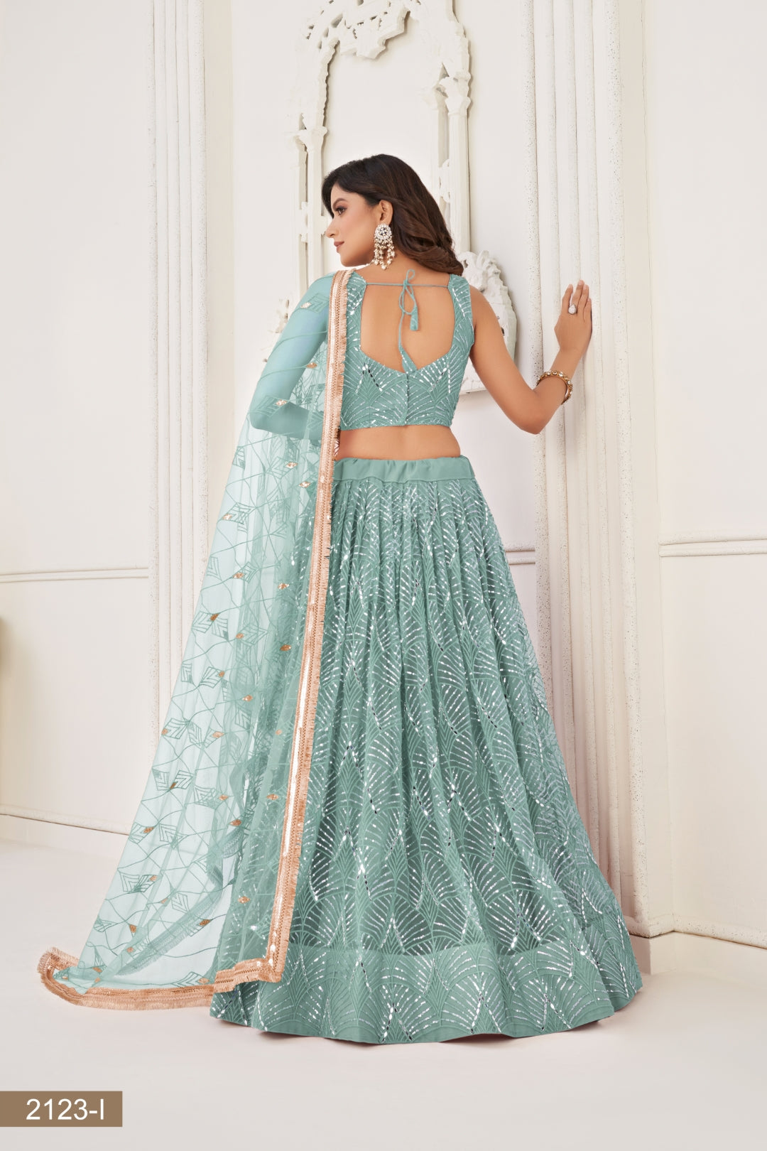 Ocean Blue Butterfly Net Lehenga with Tone-to-Tone Thread Work and Mirror Embroidery