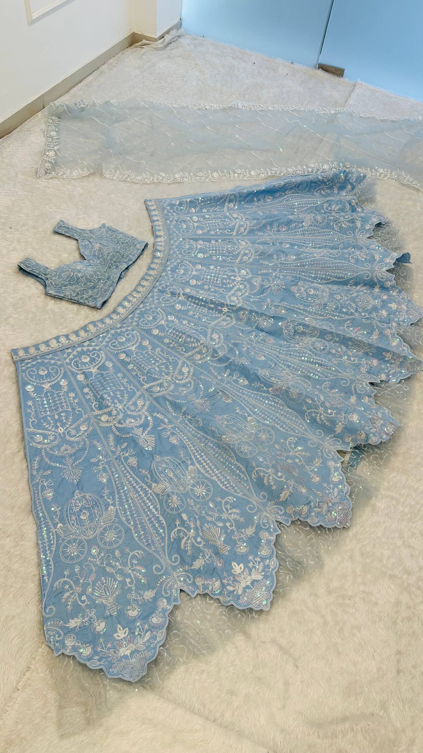 Ocean Blue Rainbow Sequins Silk Lehenga Choli