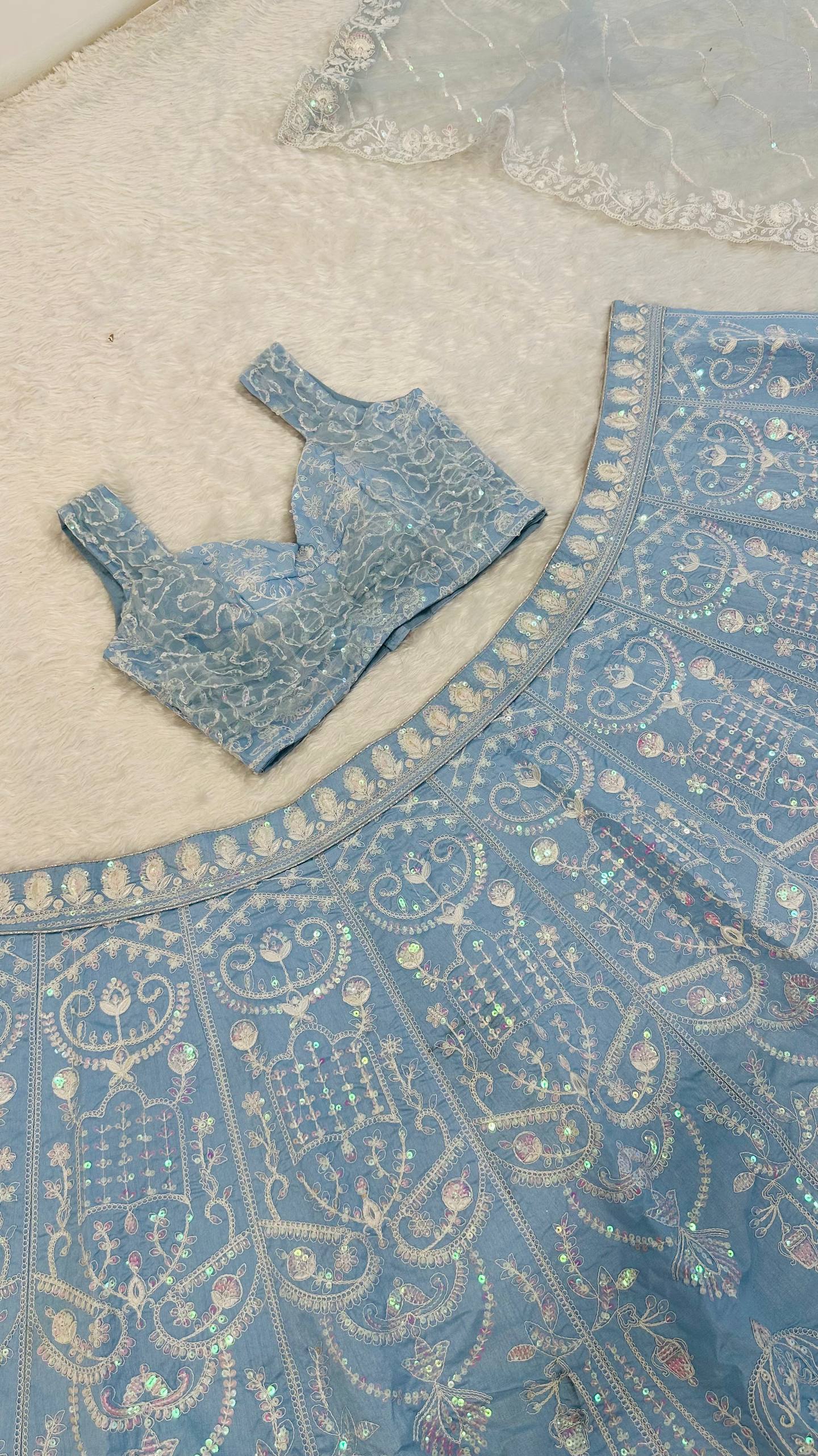 Ocean Blue Rainbow Sequins Silk Lehenga Choli