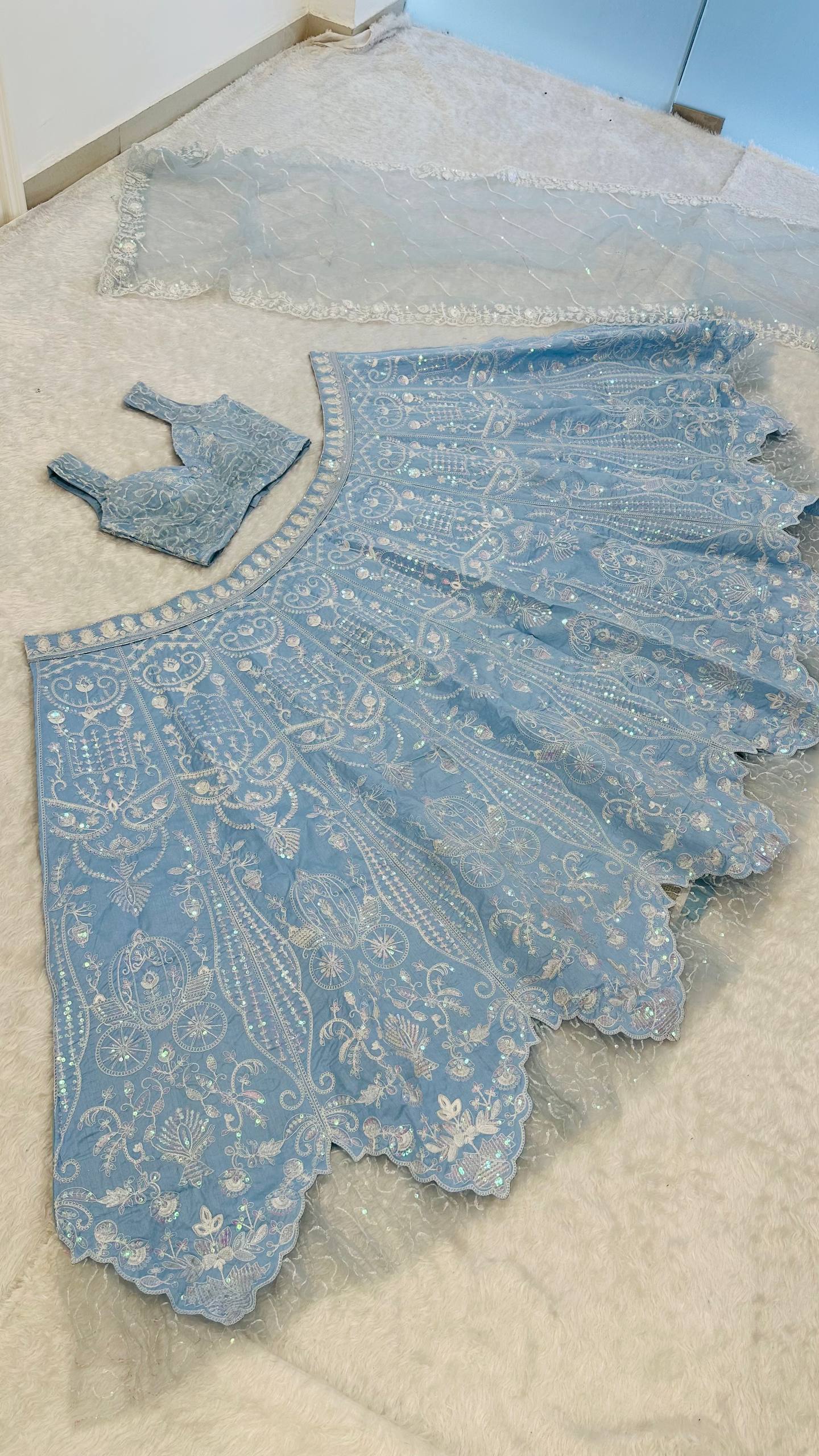 Ocean Blue Rainbow Sequins Silk Lehenga Choli