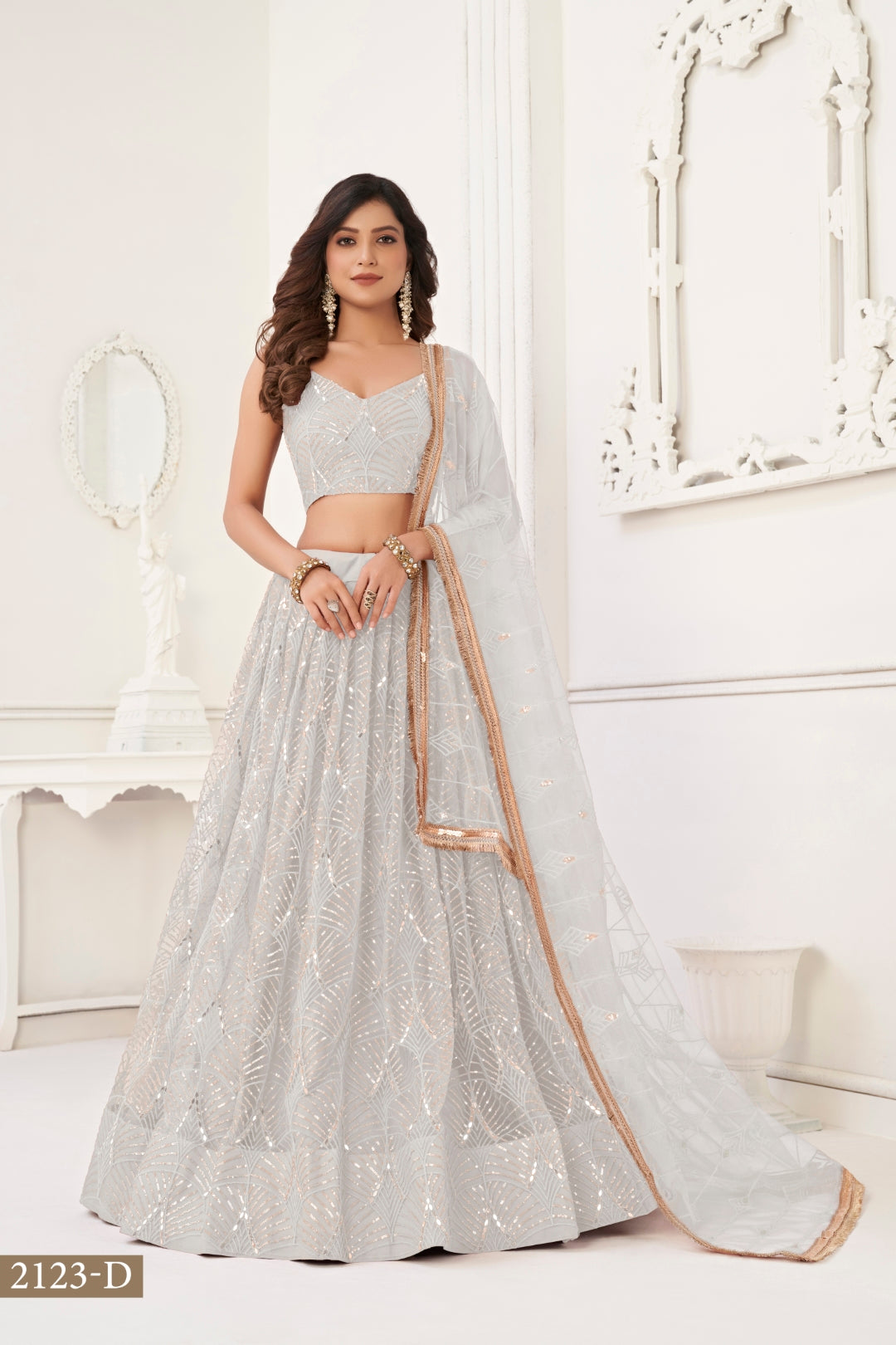 Off White Butterfly Net Lehenga with Tone-to-Tone Thread Work and Mirror Embroidery
