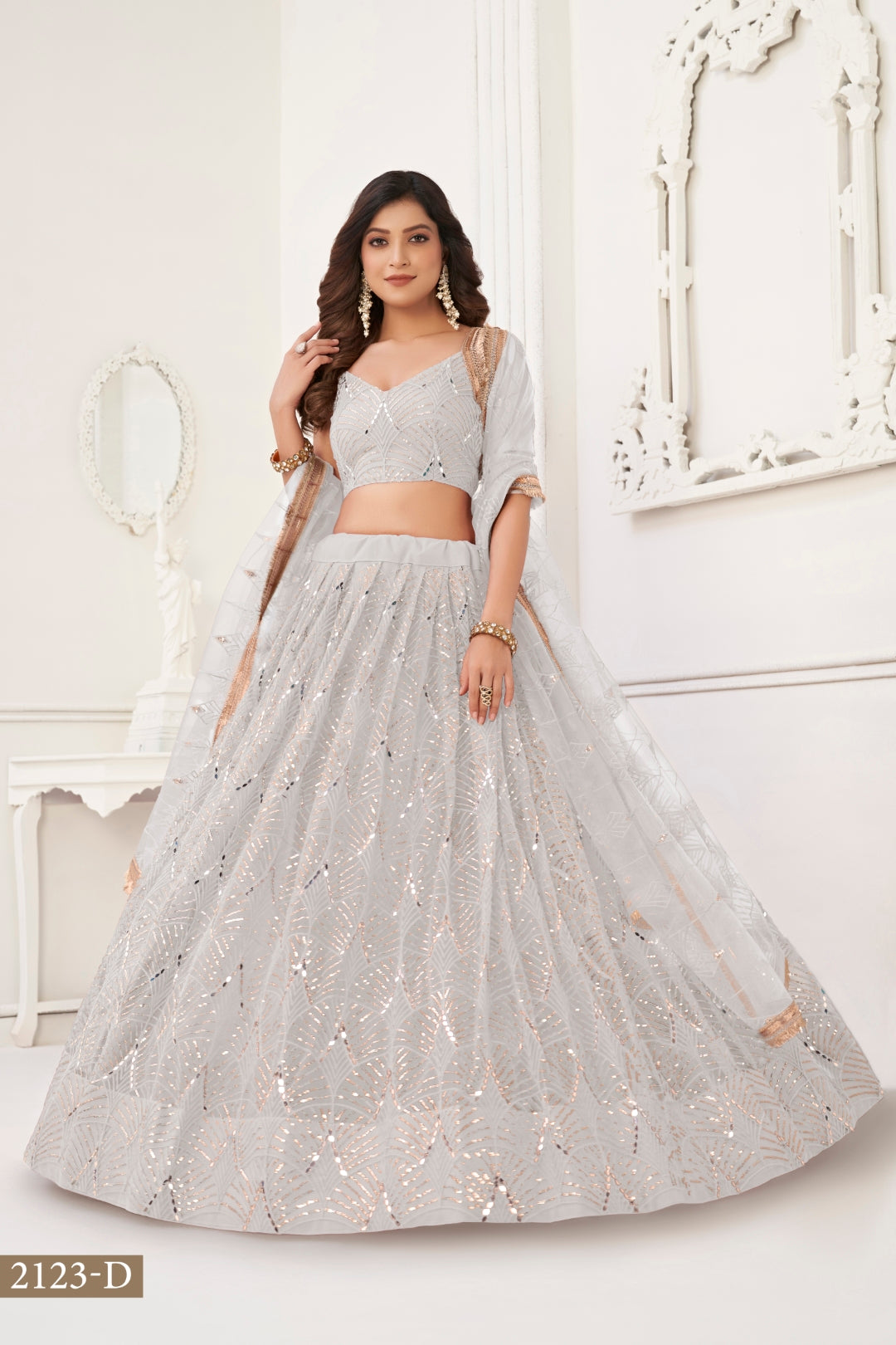 Off White Butterfly Net Lehenga with Tone-to-Tone Thread Work and Mirror Embroidery
