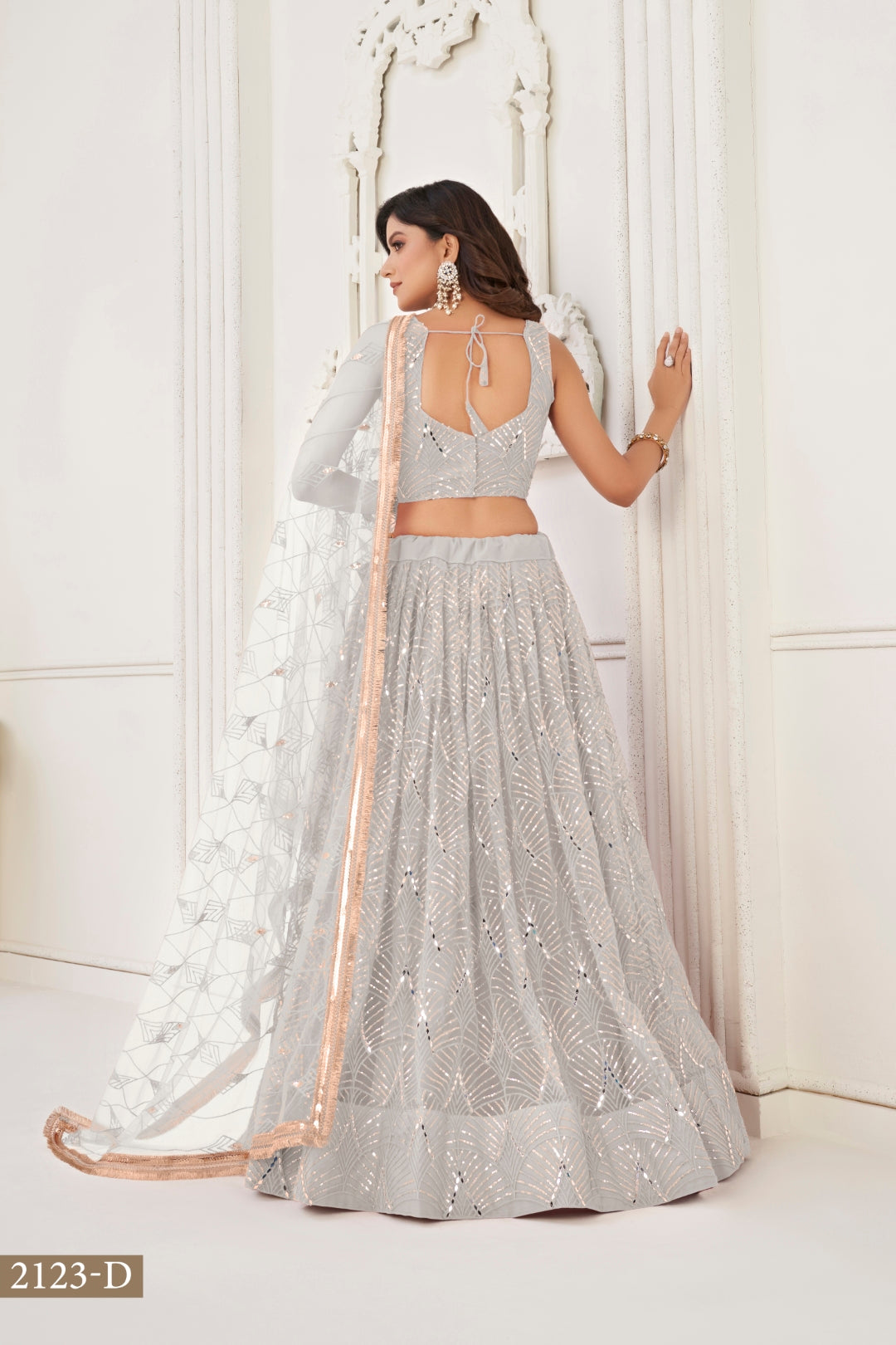 Off White Butterfly Net Lehenga with Tone-to-Tone Thread Work and Mirror Embroidery