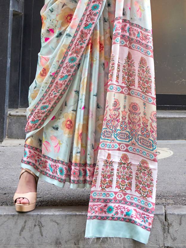 Off White Elegant Bollywood Satin Printed Saree – Party & Festive Wear