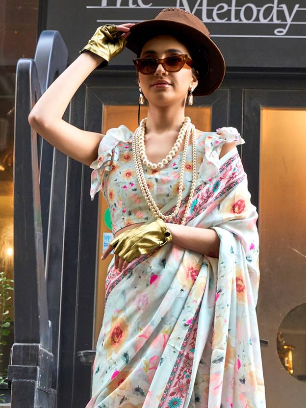 Off White Elegant Bollywood Satin Printed Saree – Party & Festive Wear