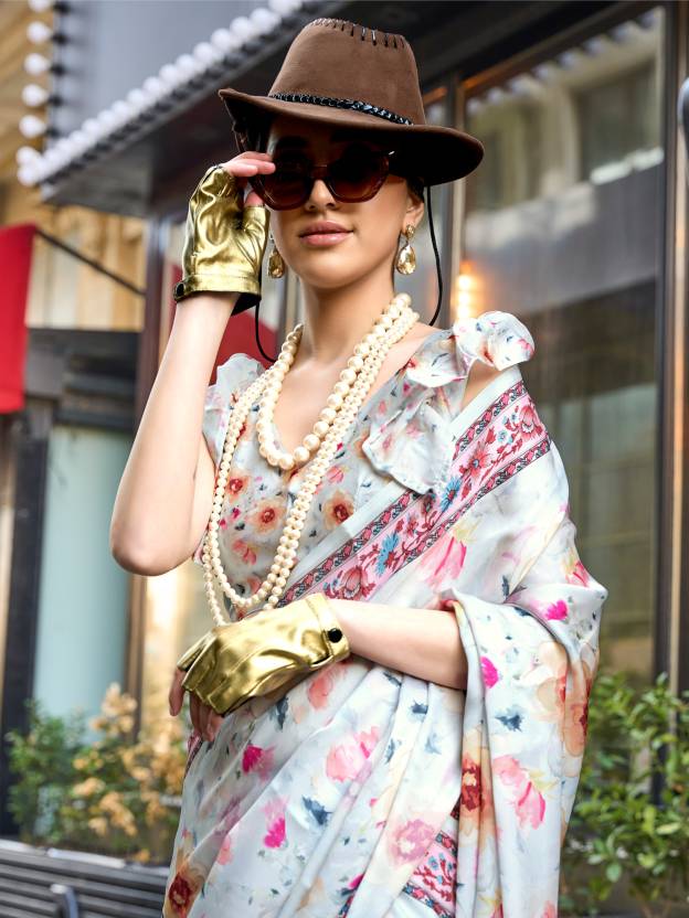 Off White Elegant Bollywood Satin Printed Saree – Party & Festive Wear