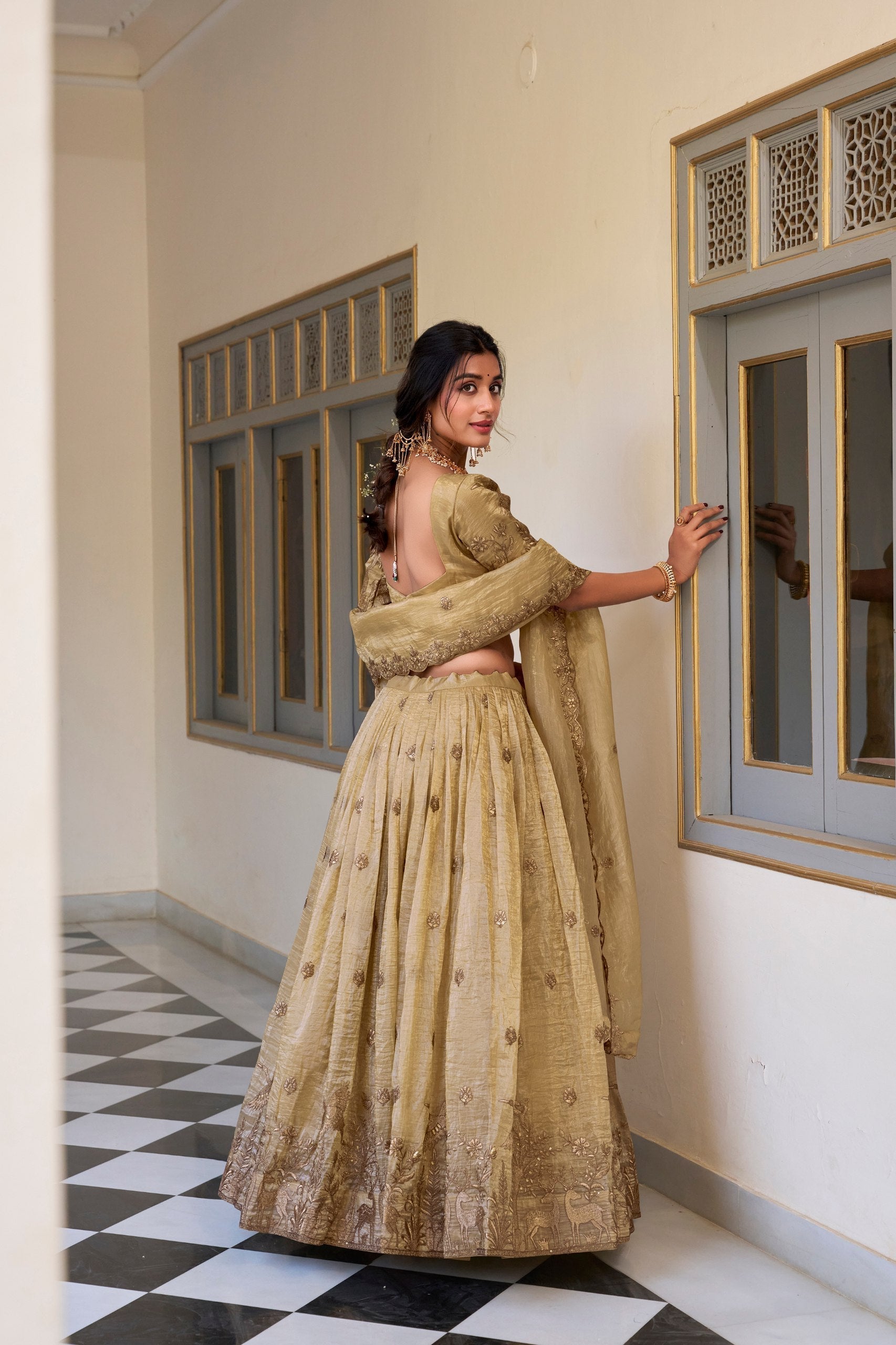 Off White Elegant Gold Crush Lehenga Set with Sequins & Thread Embroidery