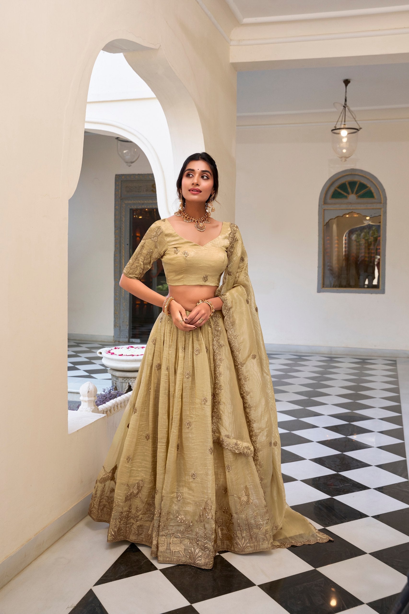 Off White Elegant Gold Crush Lehenga Set with Sequins & Thread Embroidery