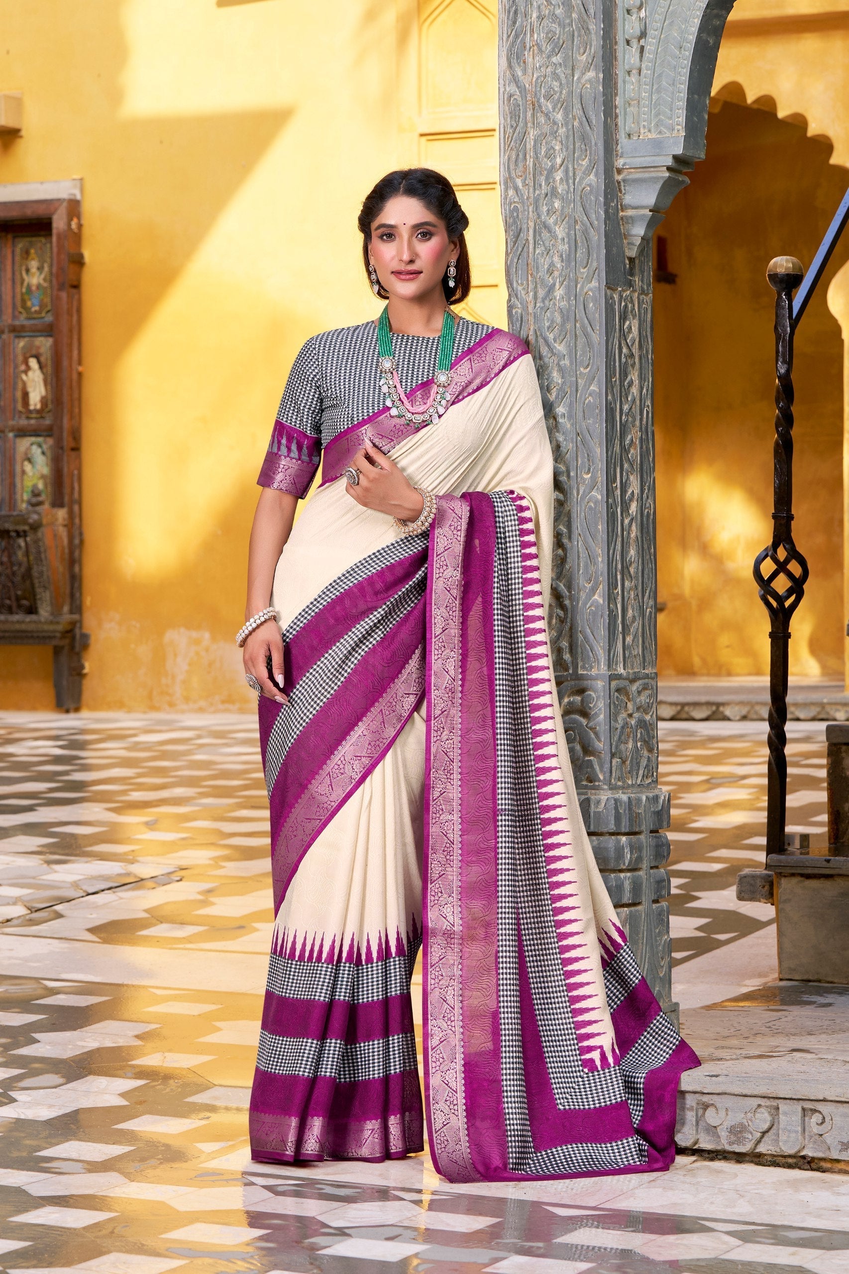 Off White Elegant Poly Cotton Saree with Printed & Zari Weaving Work