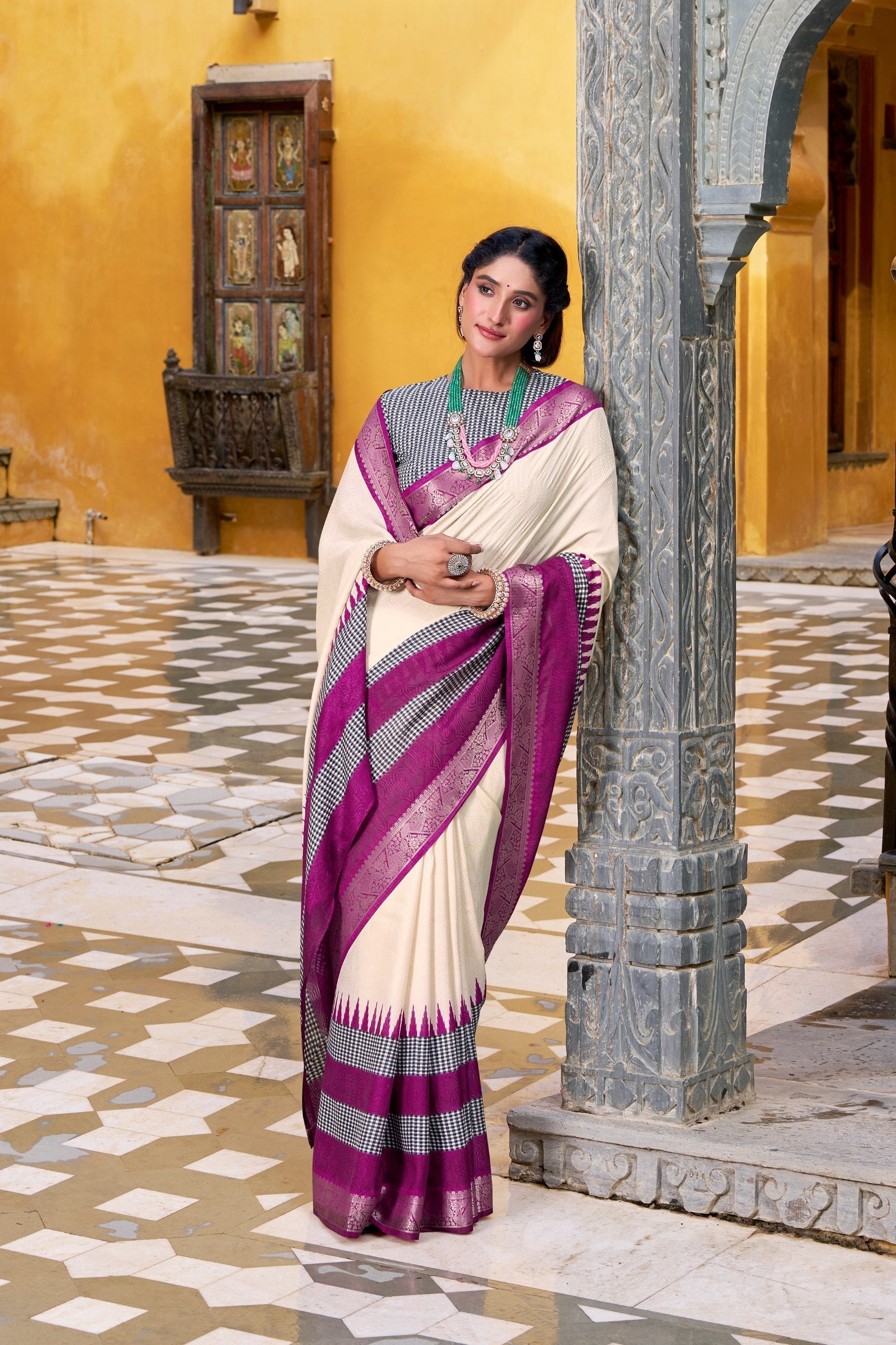 Off White Elegant Poly Cotton Saree with Printed & Zari Weaving Work