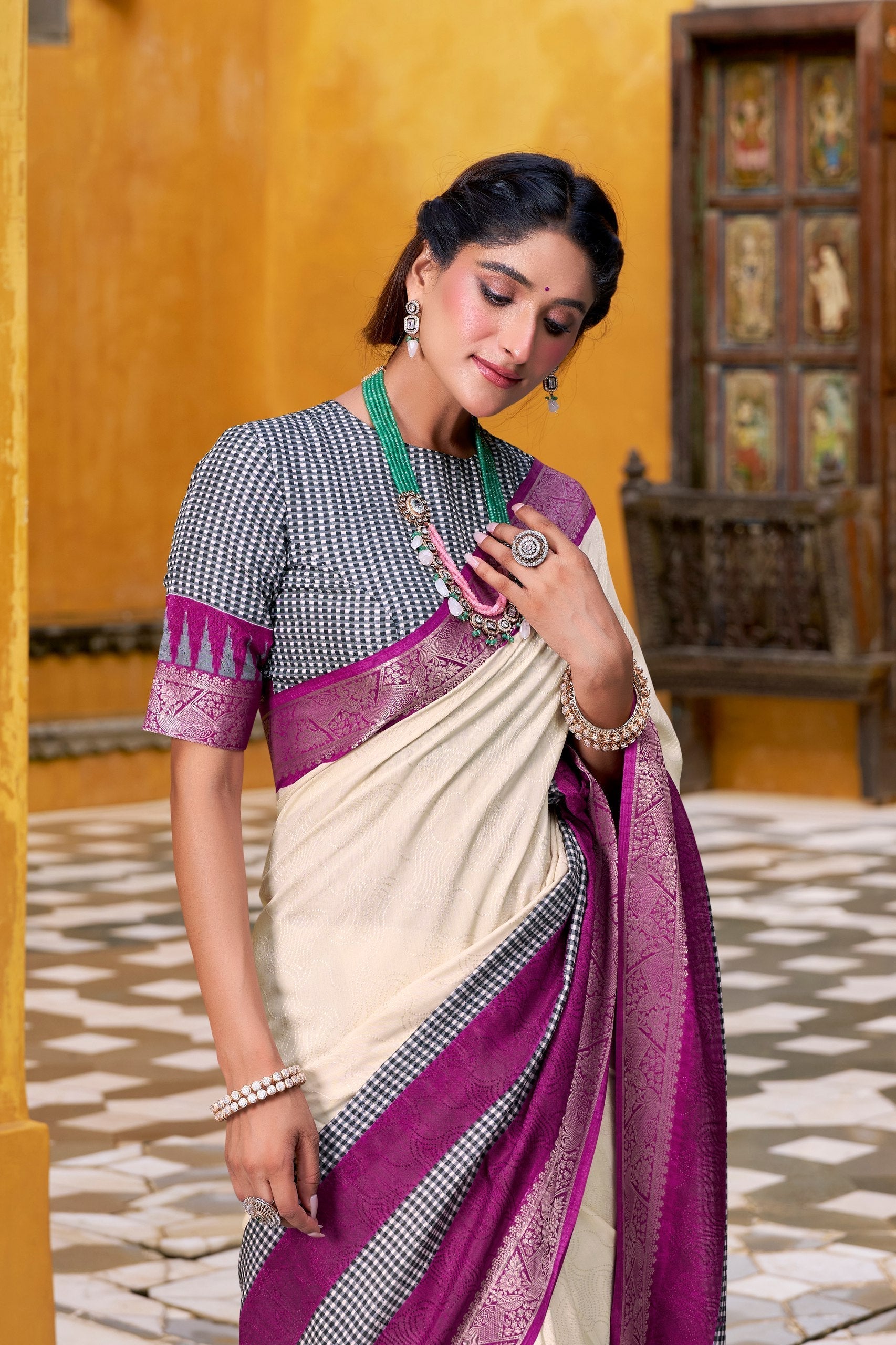 Off White Elegant Poly Cotton Saree with Printed & Zari Weaving Work