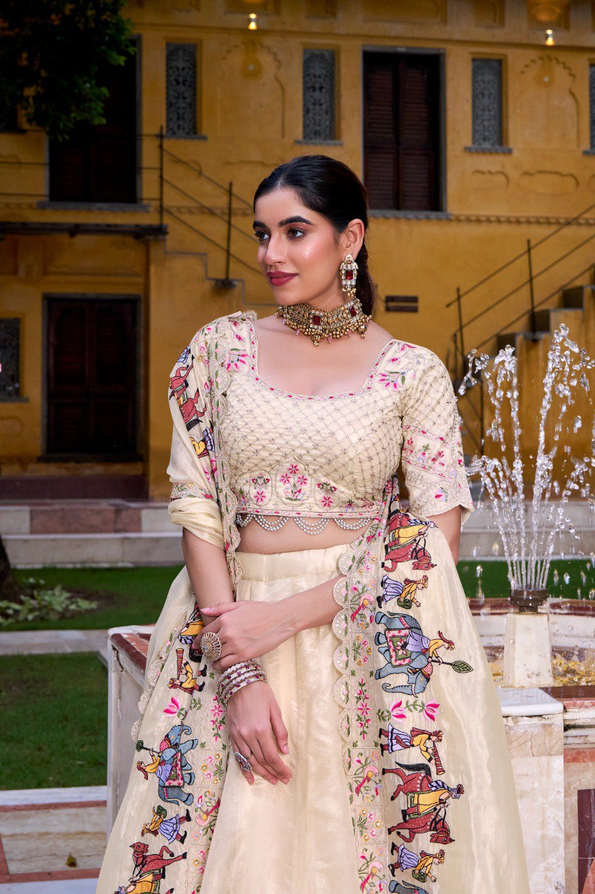 Off White Elegant Raspberry Designer Lehenga Set with Sequins & Thread Embroidery Work – Stitched Lehenga with Unstitched Blouse and Embroidered Dupatta