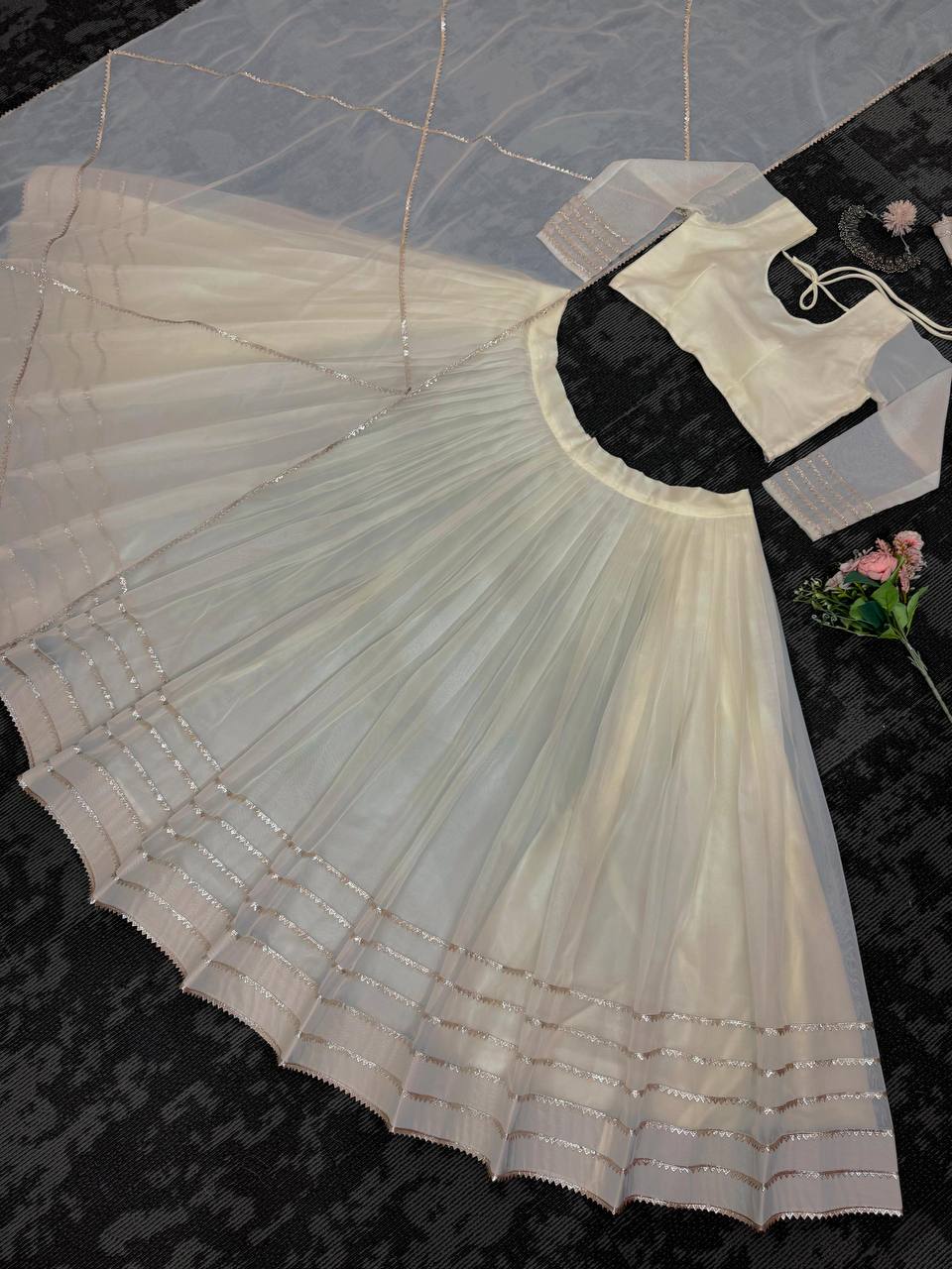 Off White Elegant Tabby Organza Semi-Stitched Lehenga Set with Digital Print & Lace Border