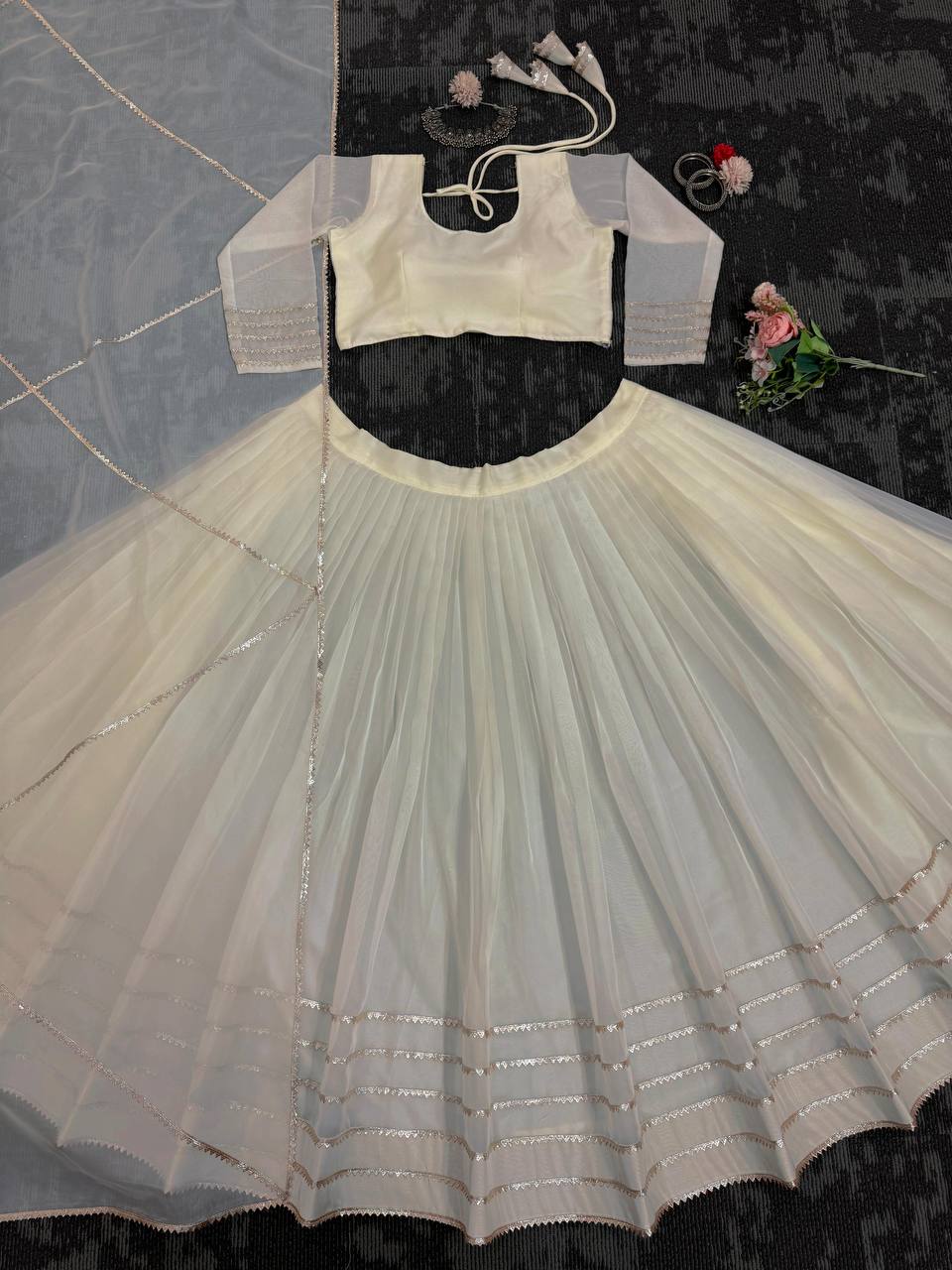 Off White Elegant Tabby Organza Semi-Stitched Lehenga Set with Digital Print & Lace Border