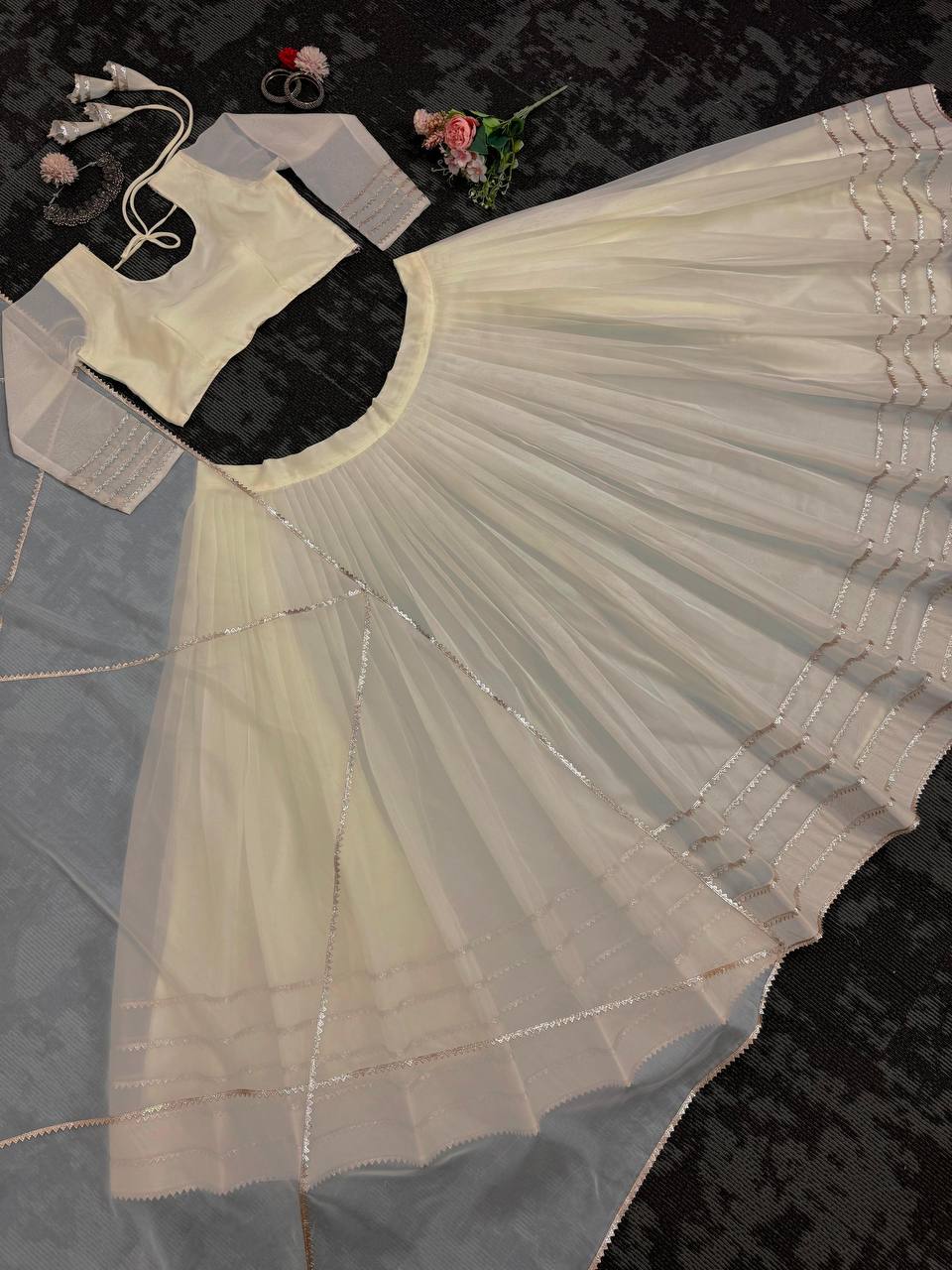 Off White Elegant Tabby Organza Semi-Stitched Lehenga Set with Digital Print & Lace Border