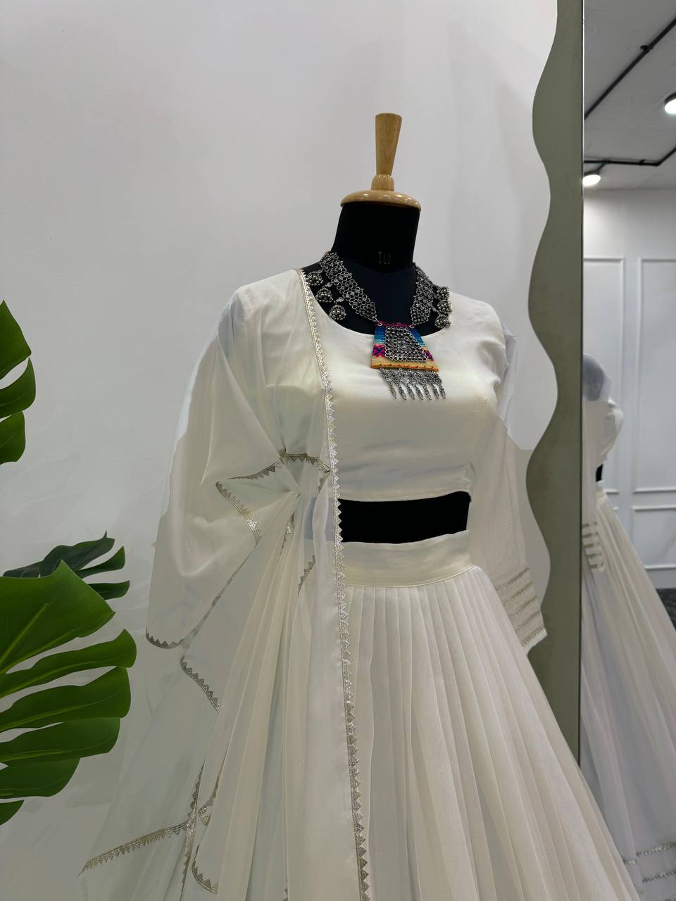 Off White Elegant Tabby Organza Semi-Stitched Lehenga Set with Digital Print & Lace Border