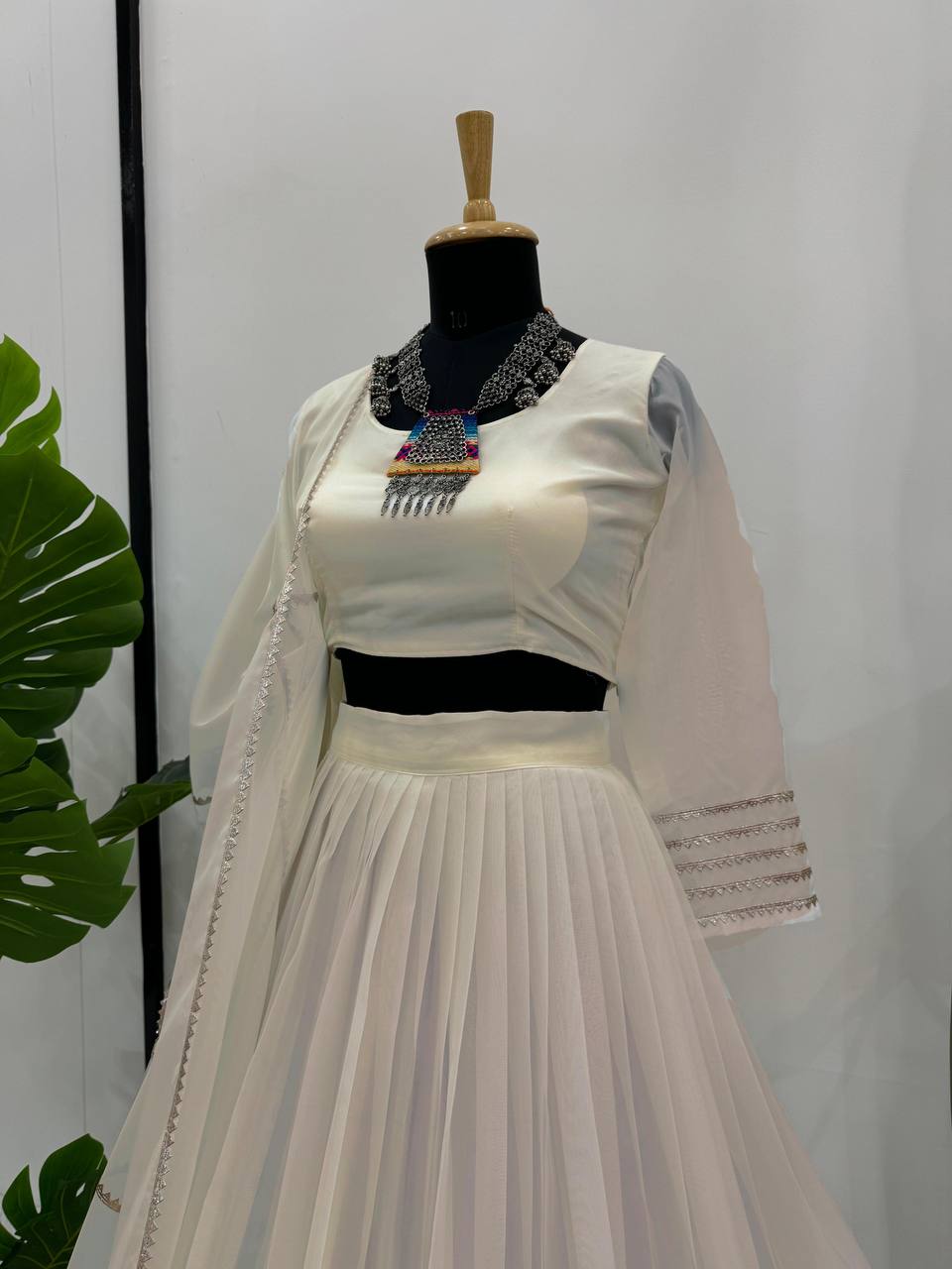 Off White Elegant Tabby Organza Semi-Stitched Lehenga Set with Digital Print & Lace Border