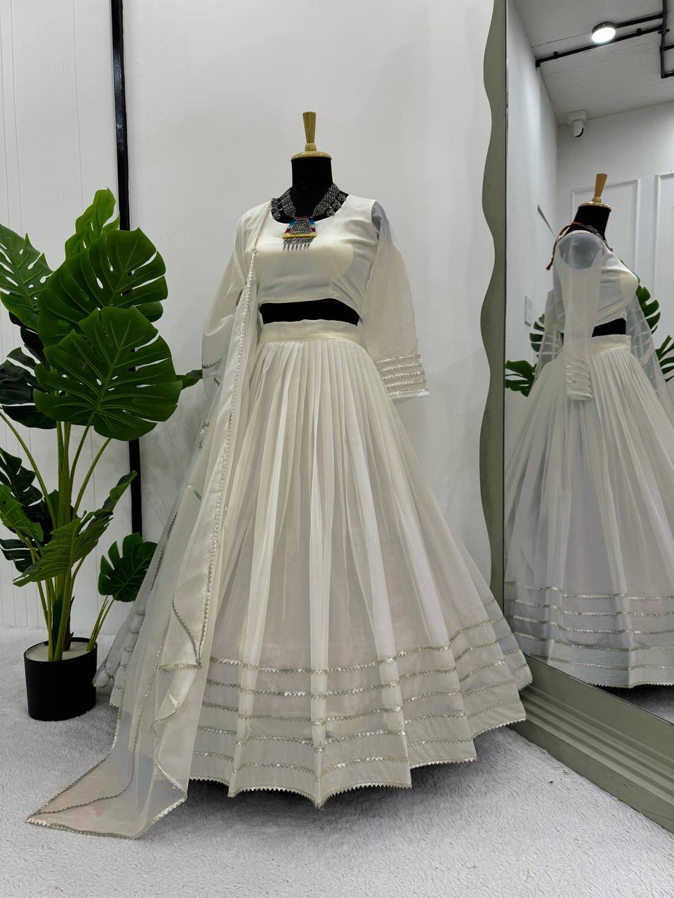 Off White Elegant Tabby Organza Semi-Stitched Lehenga Set with Digital Print & Lace Border