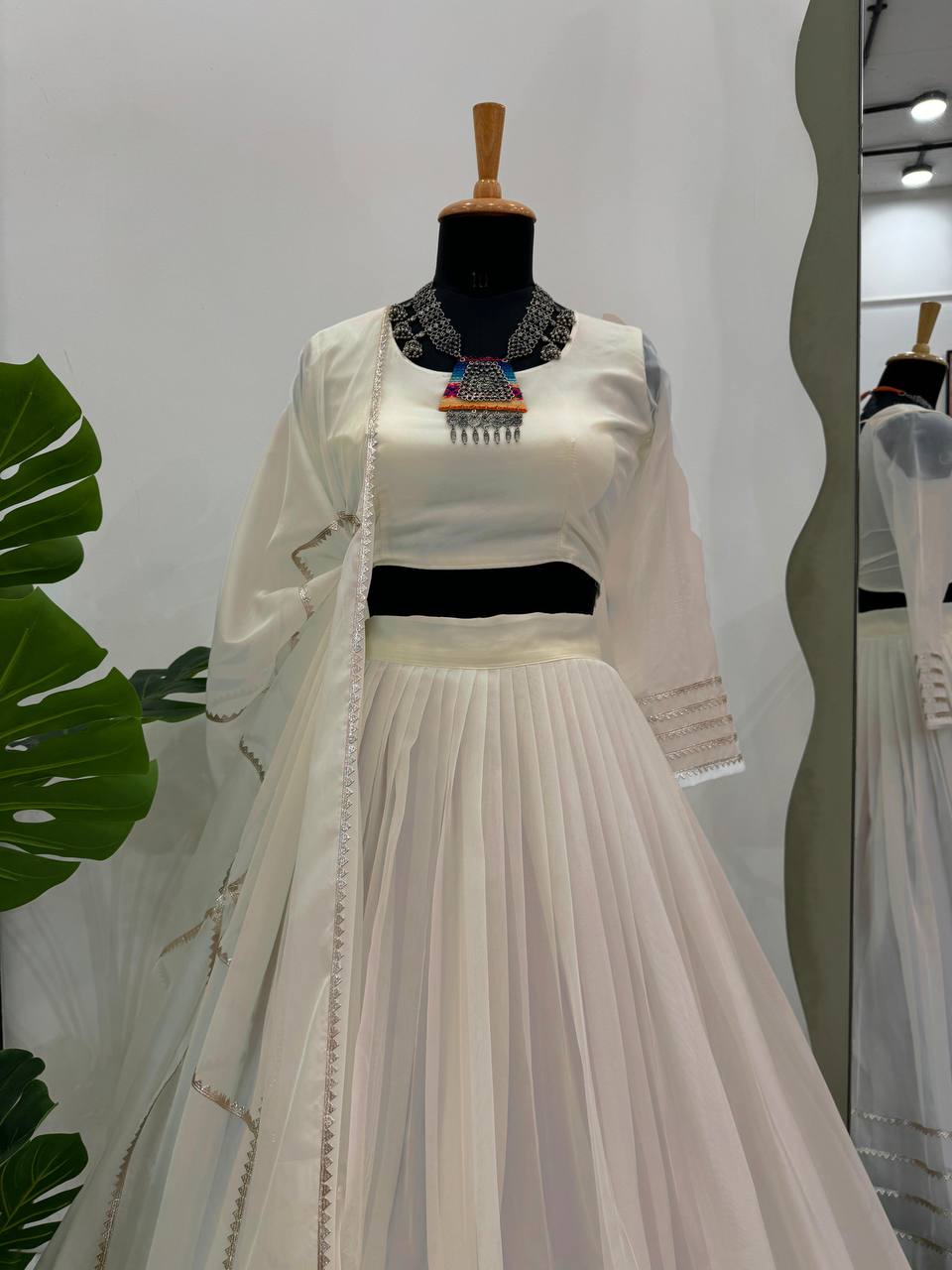 Off White Elegant Tabby Organza Semi-Stitched Lehenga Set with Digital Print & Lace Border