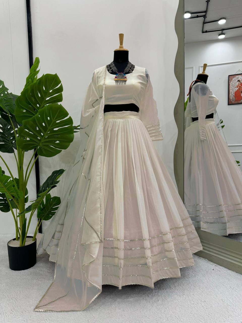Off White Elegant Tabby Organza Semi-Stitched Lehenga Set with Digital Print & Lace Border