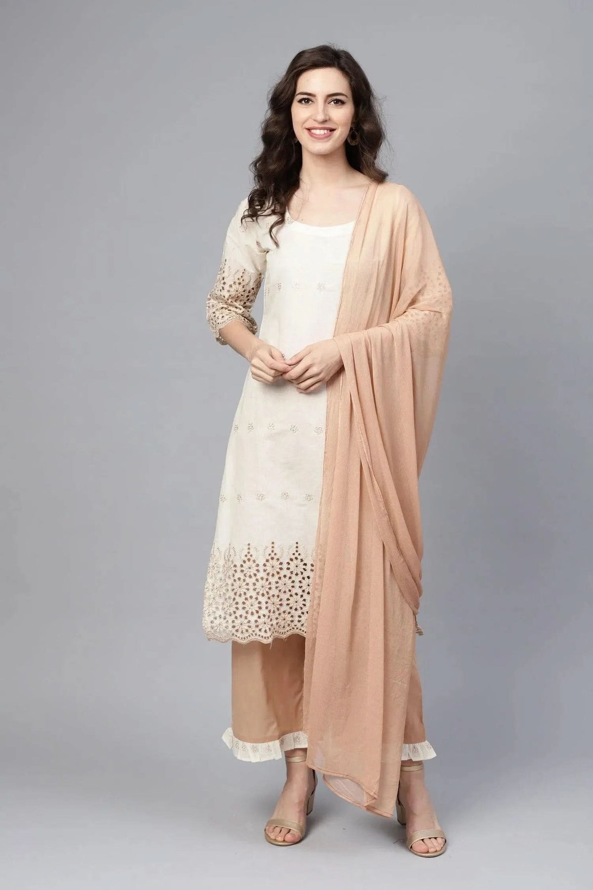 Anouk Off-White Embroidered Cotton Straight Kurta With Palazzos & Dupatta