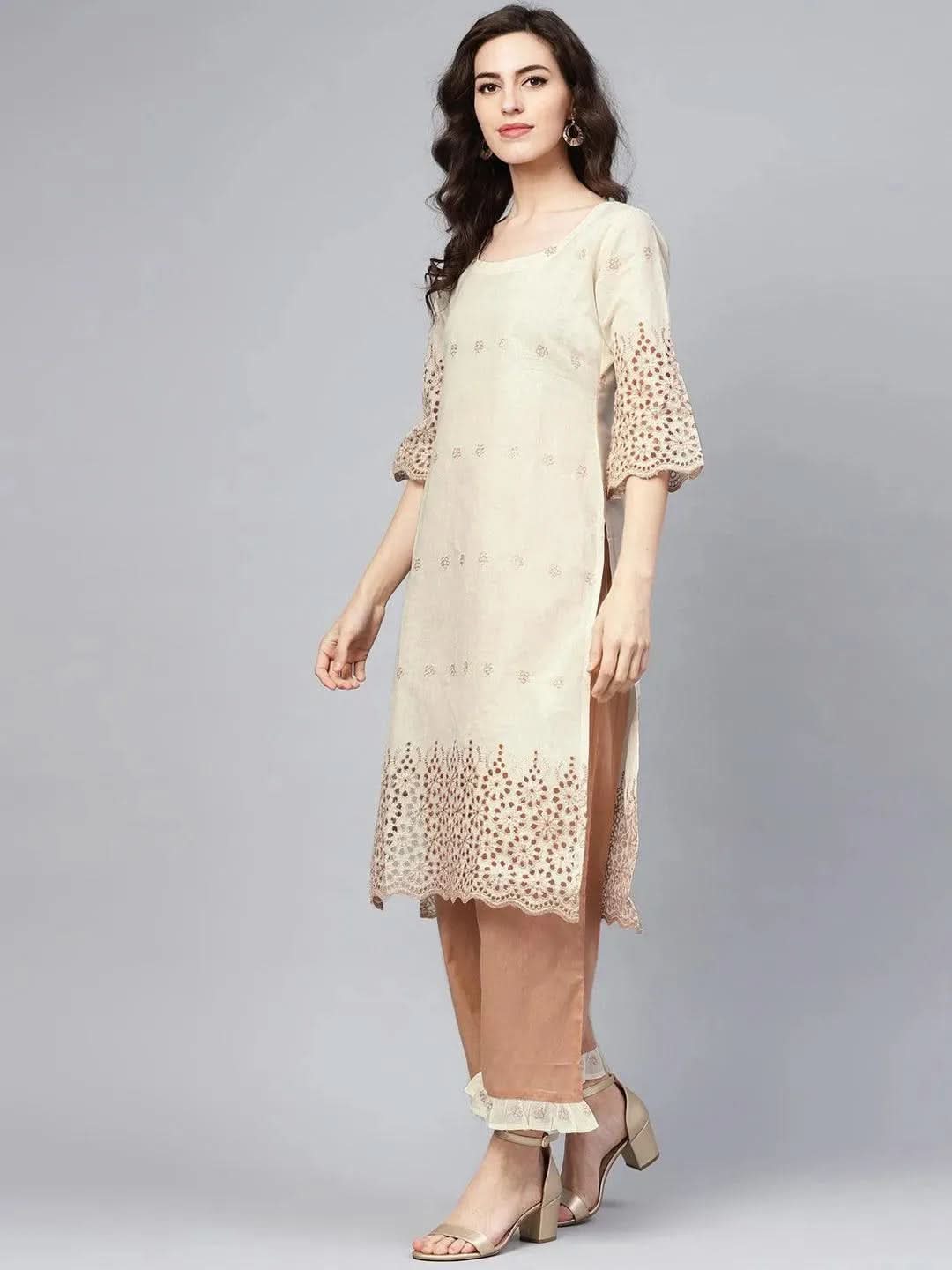 Anouk Off-White Embroidered Cotton Straight Kurta With Palazzos & Dupatta