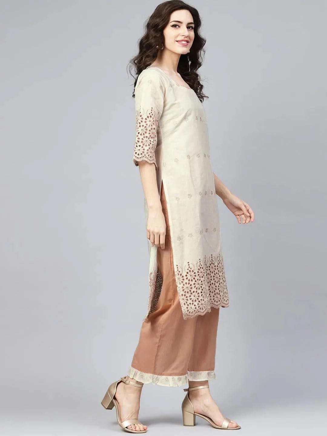 Anouk Off-White Embroidered Cotton Straight Kurta With Palazzos & Dupatta