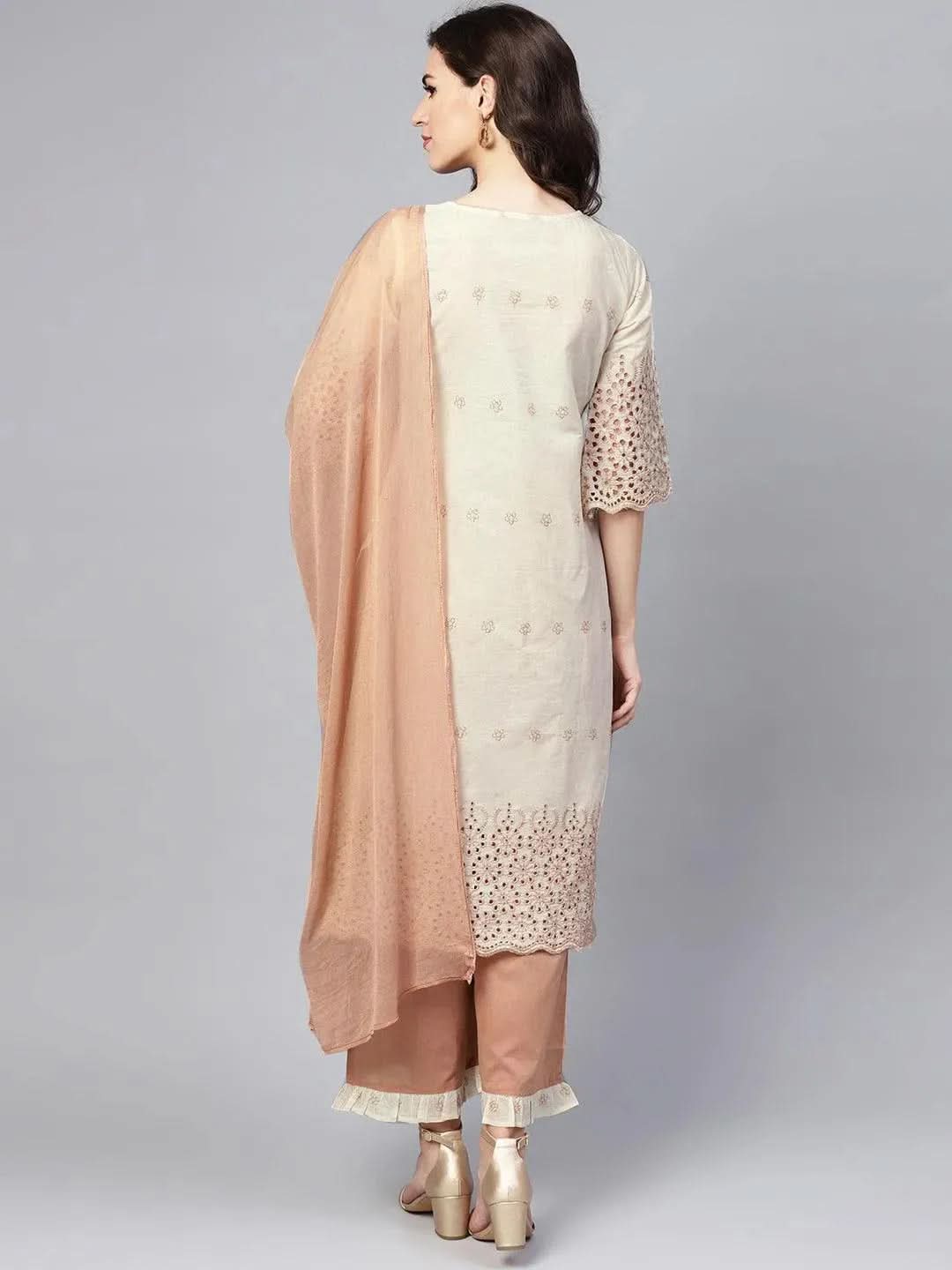 Anouk Off-White Embroidered Cotton Straight Kurta With Palazzos & Dupatta