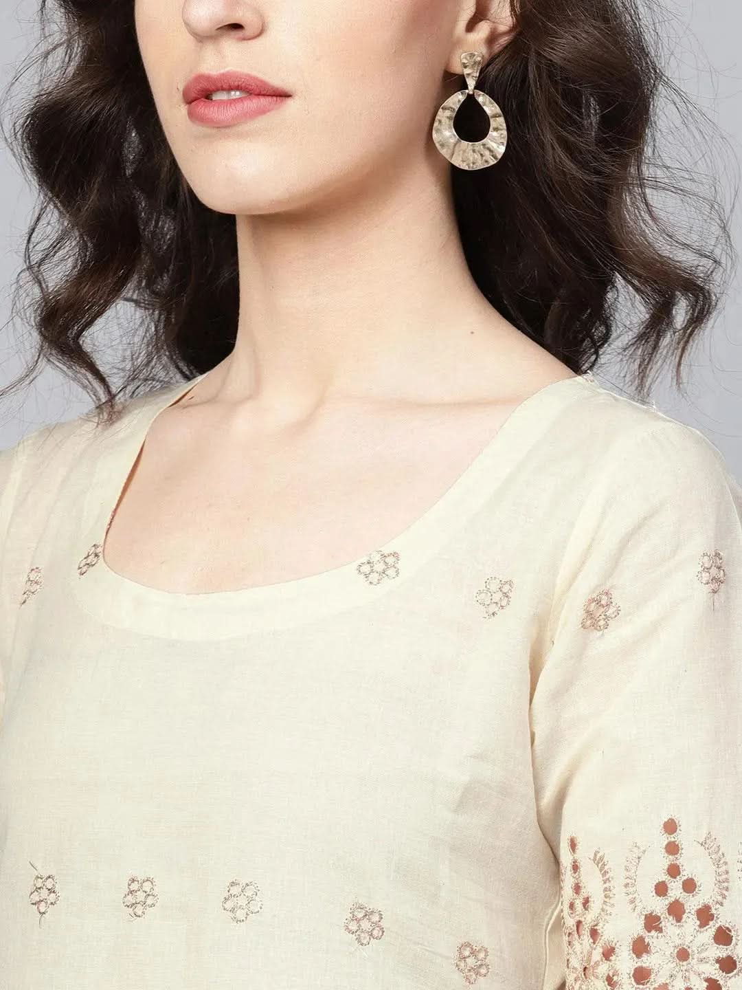 Anouk Off-White Embroidered Cotton Straight Kurta With Palazzos & Dupatta