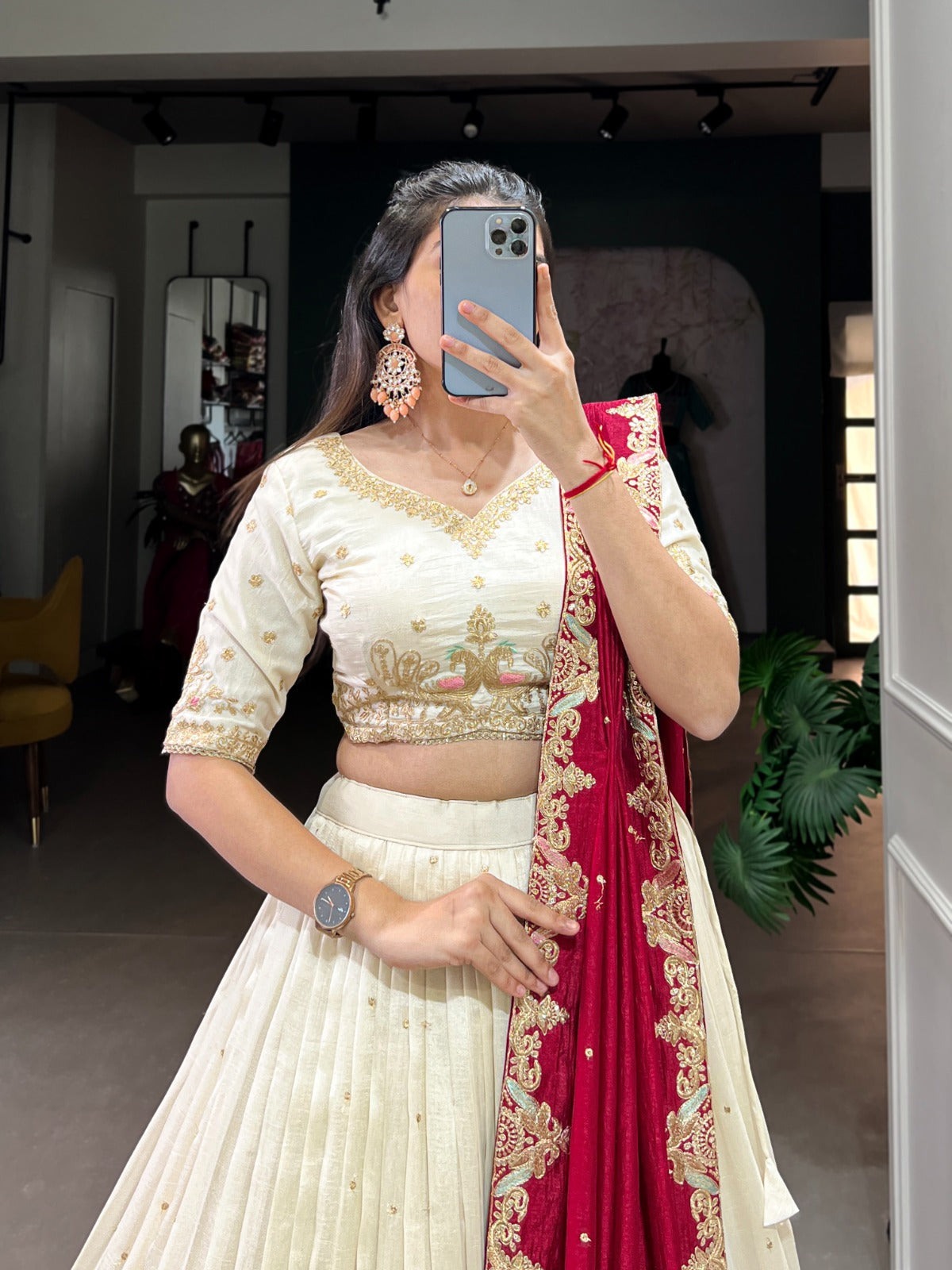 Off White Ethereal Vichitra Silk Bridesmaid Lehenga Set with Sequins & Thread Embroidery