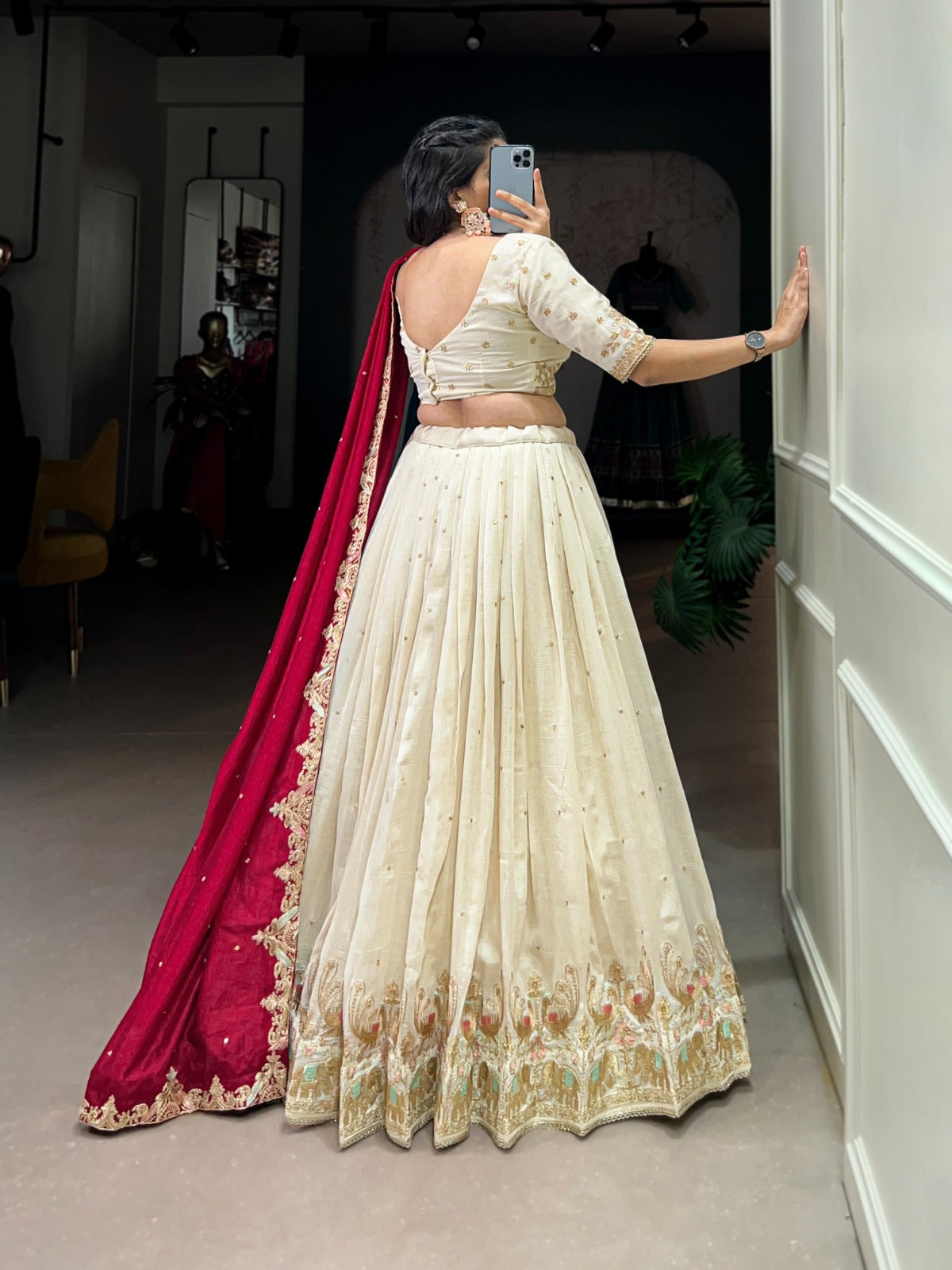 Off White Ethereal Vichitra Silk Bridesmaid Lehenga Set with Sequins & Thread Embroidery