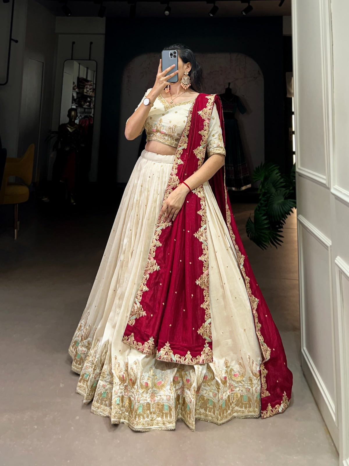 Off White Ethereal Vichitra Silk Bridesmaid Lehenga Set with Sequins & Thread Embroidery
