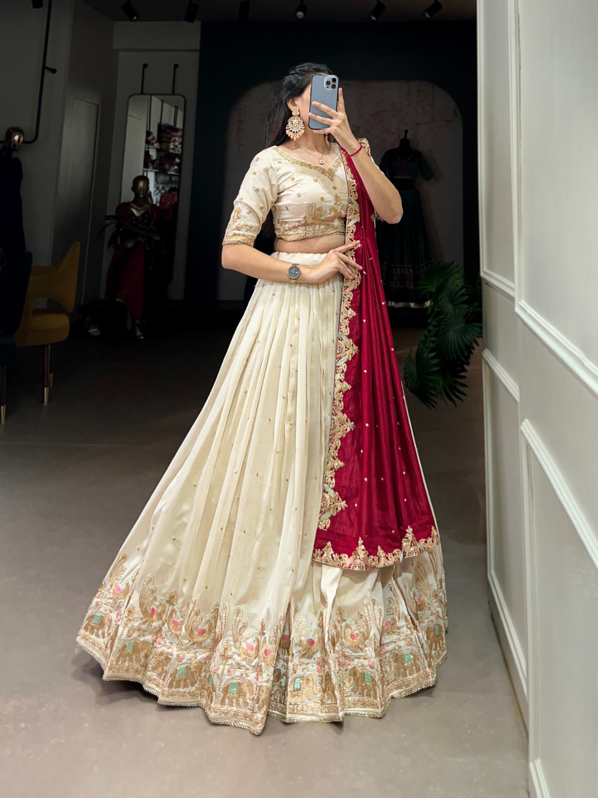 Off White Ethereal Vichitra Silk Bridesmaid Lehenga Set with Sequins & Thread Embroidery