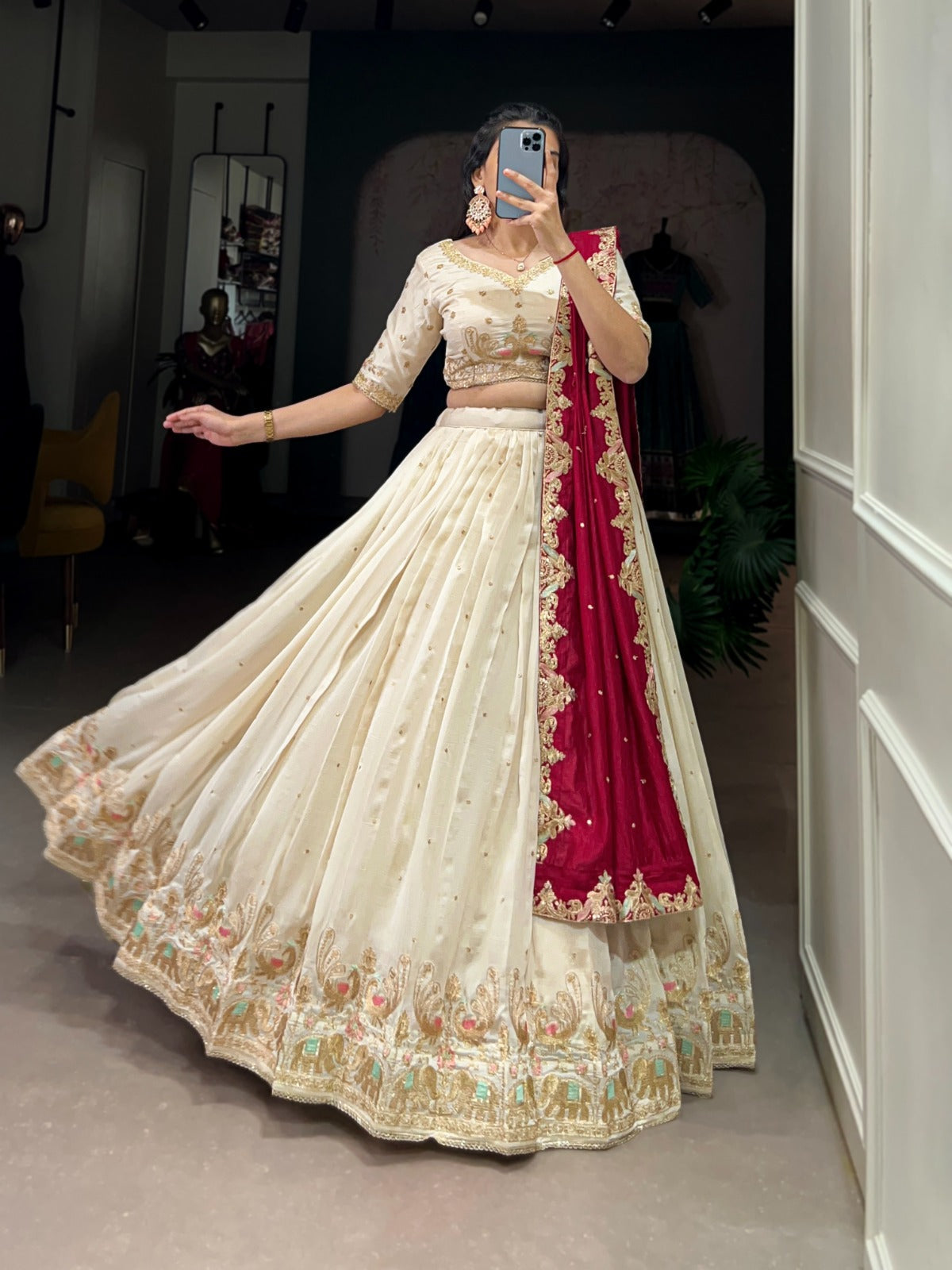 Off White Ethereal Vichitra Silk Bridesmaid Lehenga Set with Sequins & Thread Embroidery