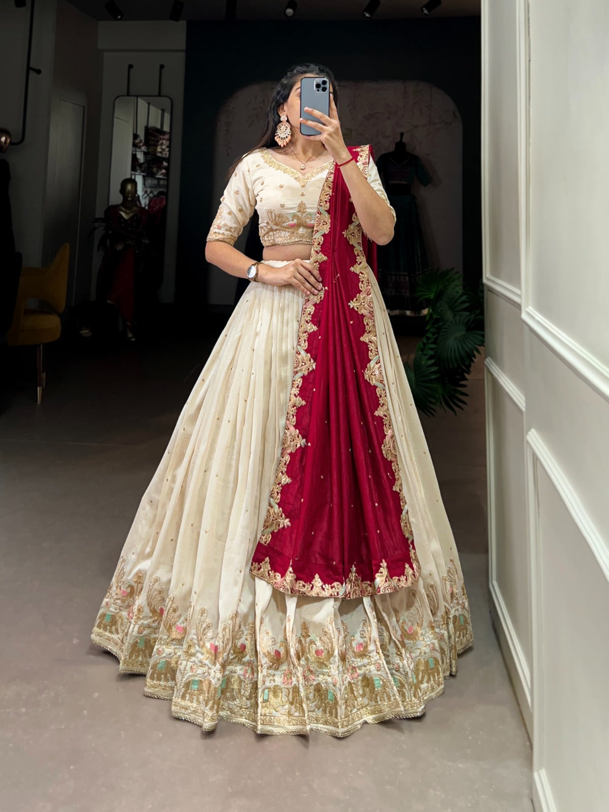 Off White Ethereal Vichitra Silk Bridesmaid Lehenga Set with Sequins & Thread Embroidery