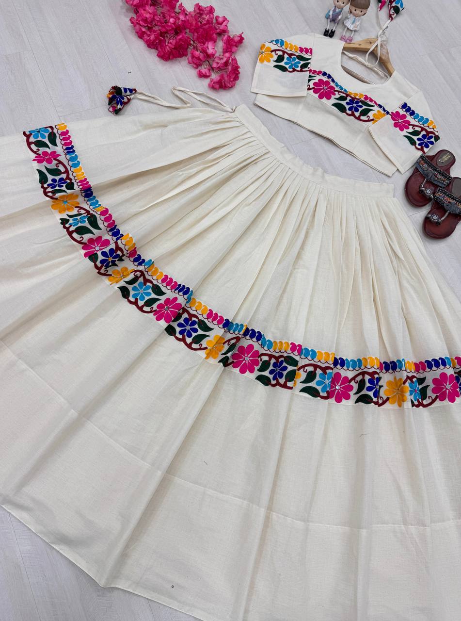 Off White Exquisite Pure Kora Cotton Navratri Lehenga Choli with Gamthi & Mirror Handwork