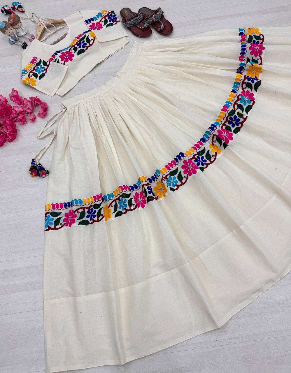 Off White Exquisite Pure Kora Cotton Navratri Lehenga Choli with Gamthi & Mirror Handwork