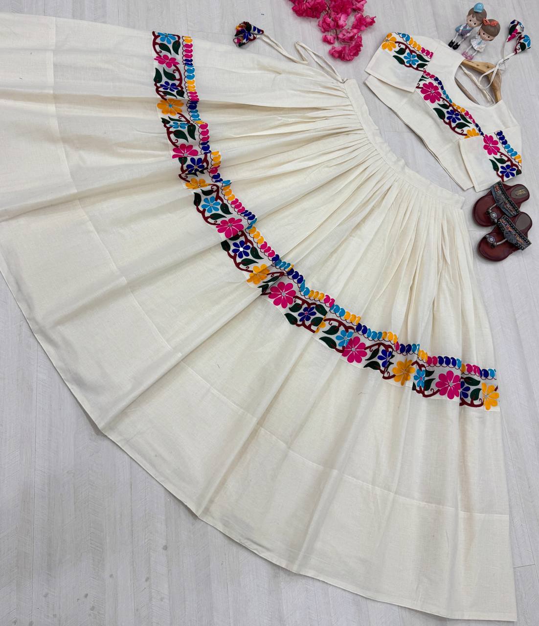 Off White Exquisite Pure Kora Cotton Navratri Lehenga Choli with Gamthi & Mirror Handwork