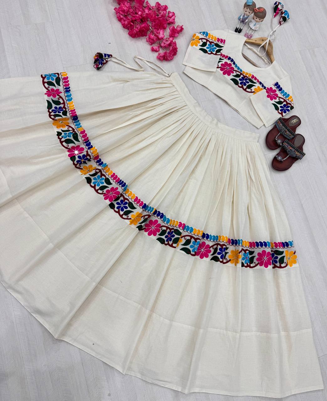 Off White Exquisite Pure Kora Cotton Navratri Lehenga Choli with Gamthi & Mirror Handwork