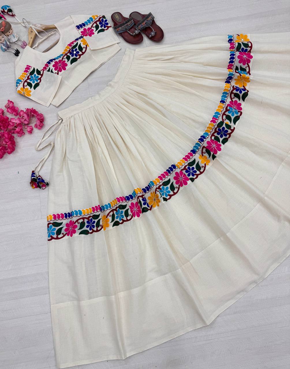Off White Exquisite Pure Kora Cotton Navratri Lehenga Choli with Gamthi & Mirror Handwork