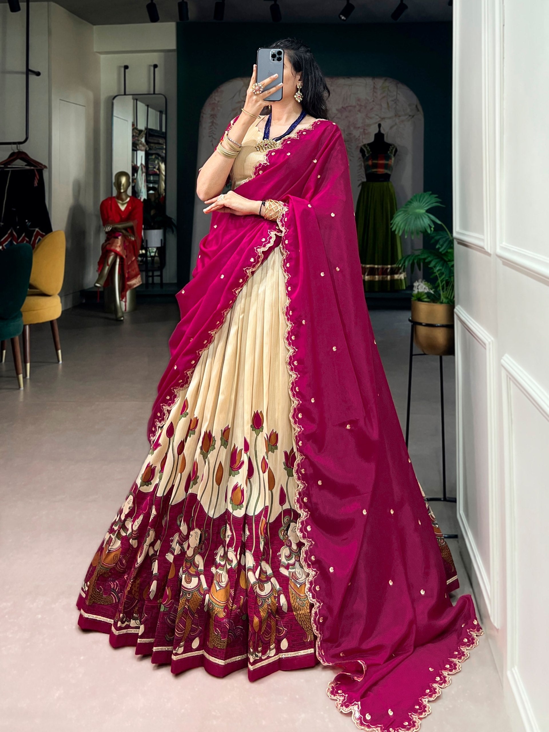 Off White Kalamkari Print Lehenga Set
