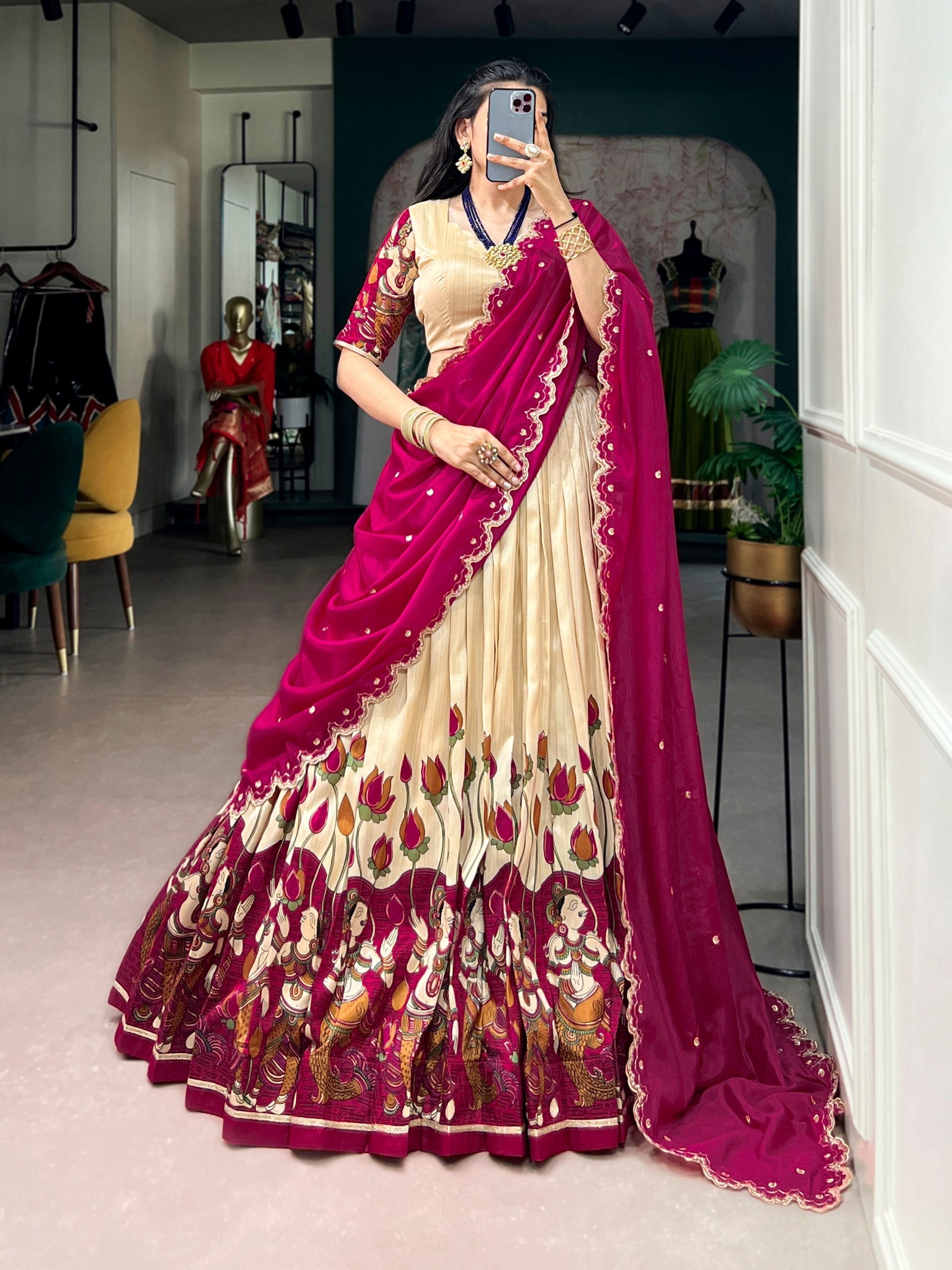 Off White Kalamkari Print Lehenga Set