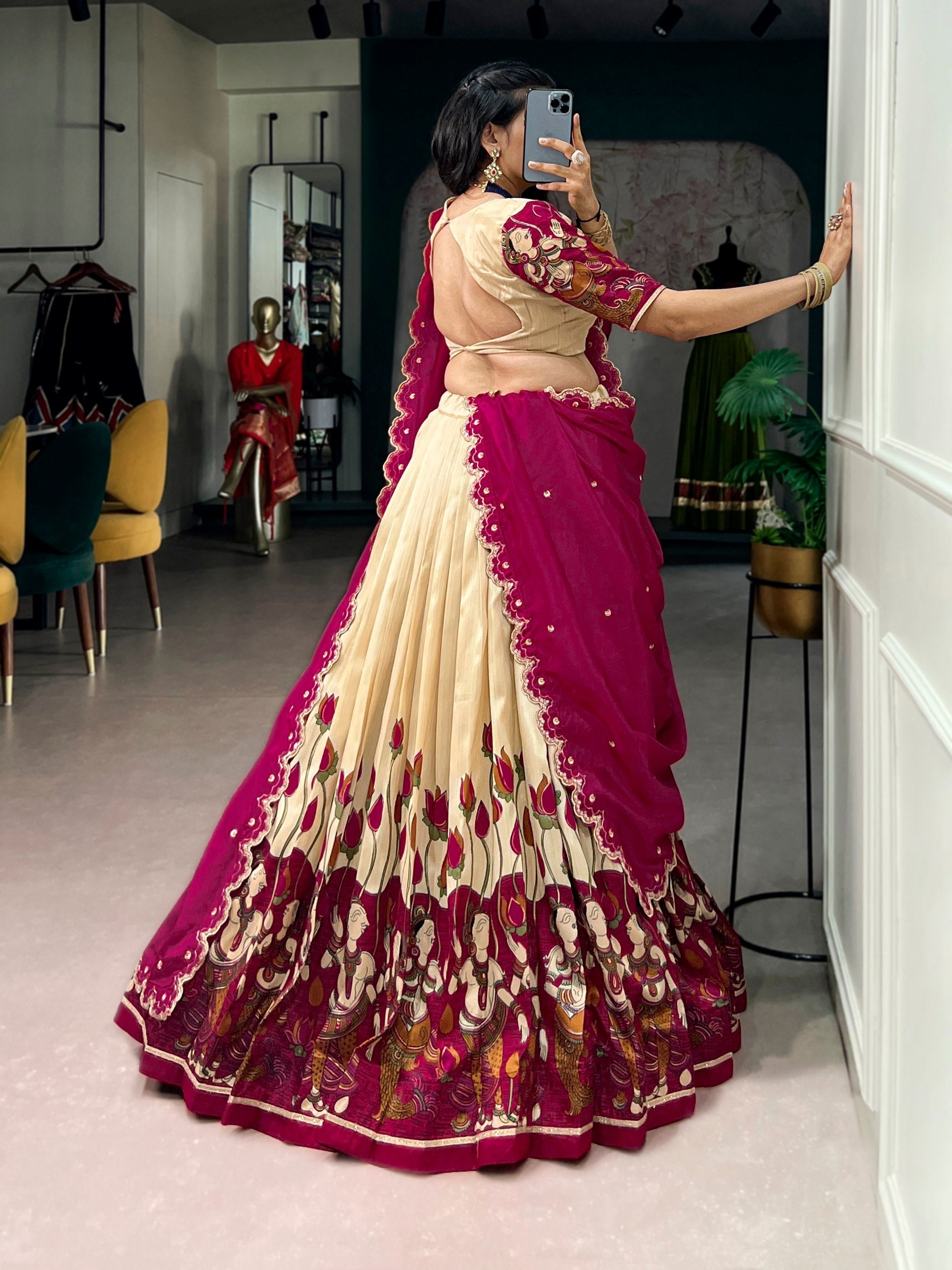 Off White Kalamkari Print Lehenga Set